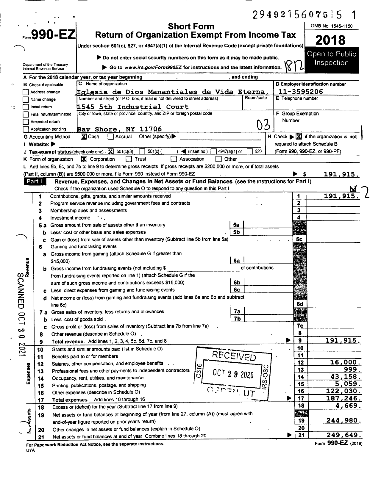 Image of first page of 2018 Form 990EZ for Iglesia de Dios Manantiales de Vida Eterna 4