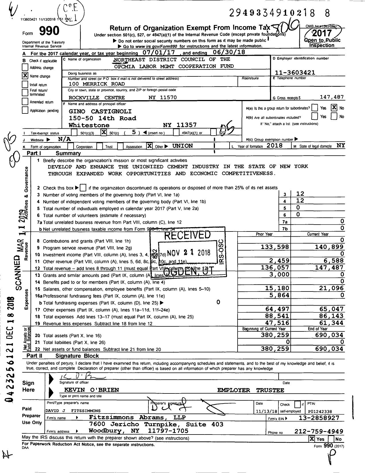 Image of first page of 2017 Form 990O for Northeast District Council of the Opcmia Labor Management Cooperation Fund