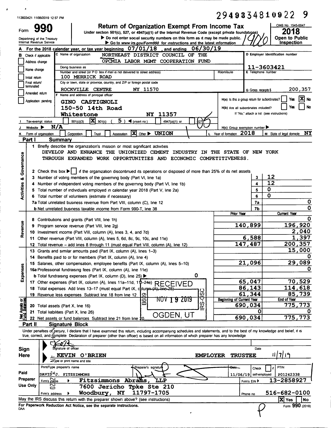 Image of first page of 2018 Form 990O for Northeast District Council of the Opcmia Labor Management Cooperation Fund