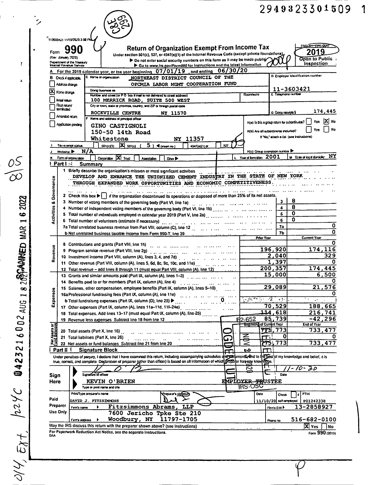 Image of first page of 2019 Form 990O for Northeast District Council of the Opcmia Labor Management Cooperation Fund