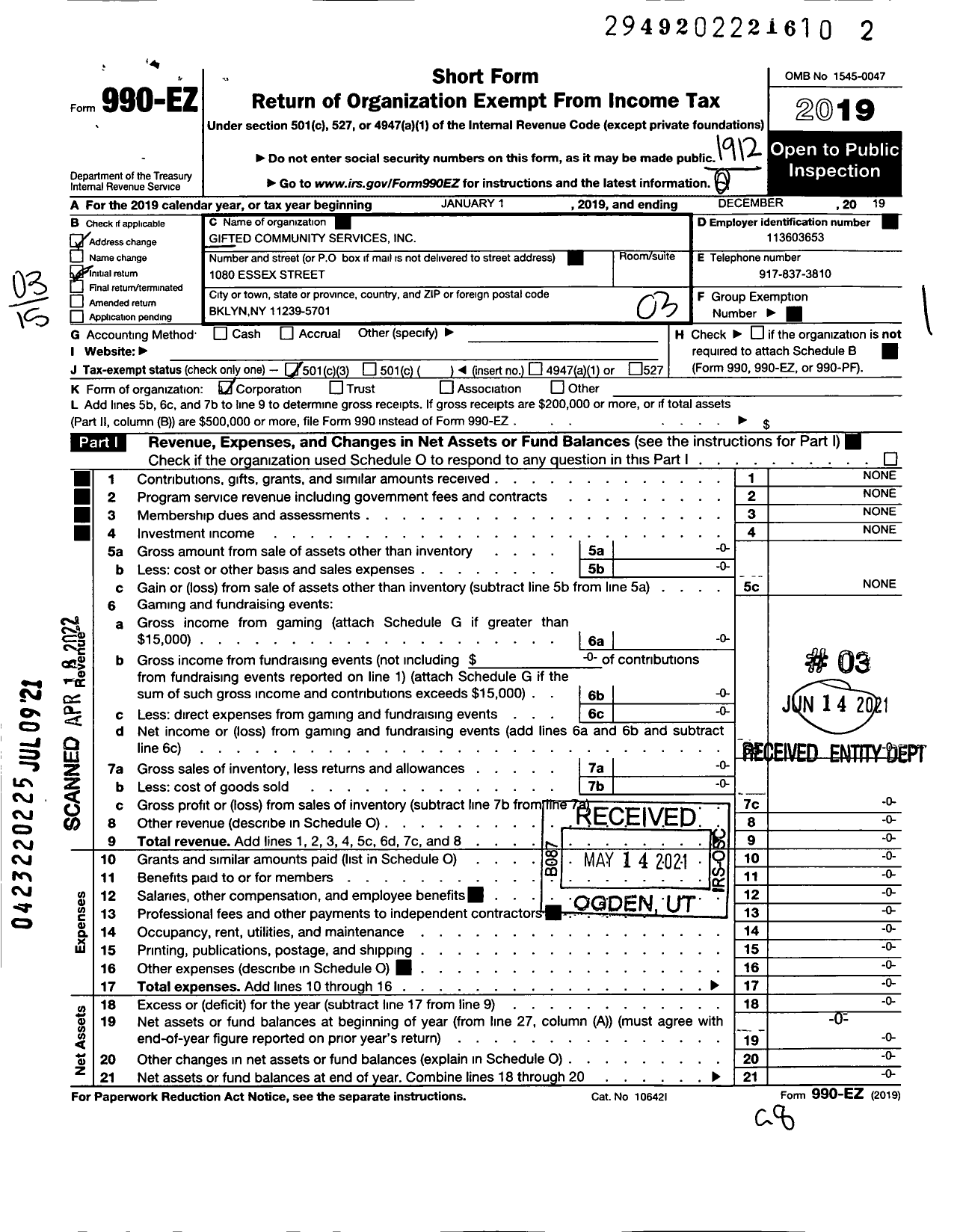 Image of first page of 2019 Form 990EZ for Gifted Community Services