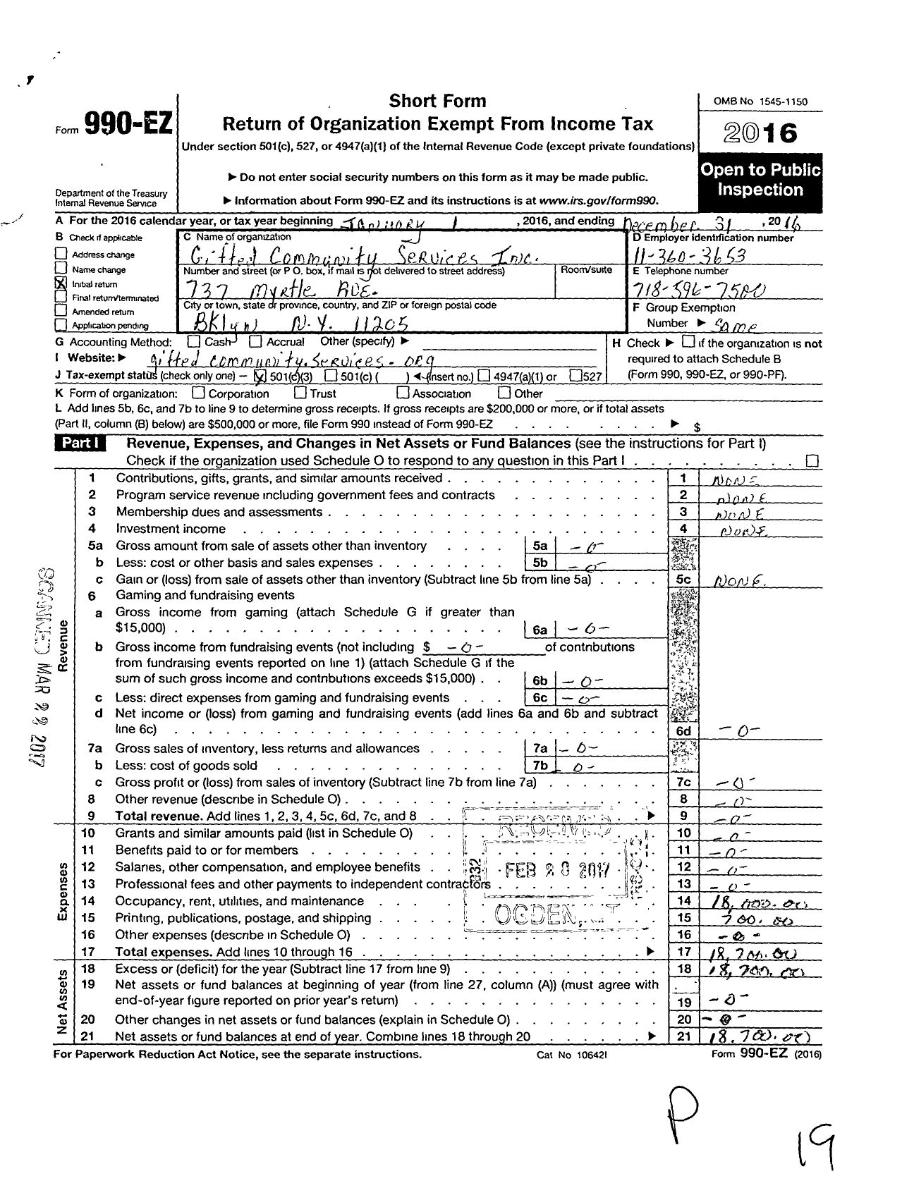 Image of first page of 2016 Form 990EZ for Gifted Community Services