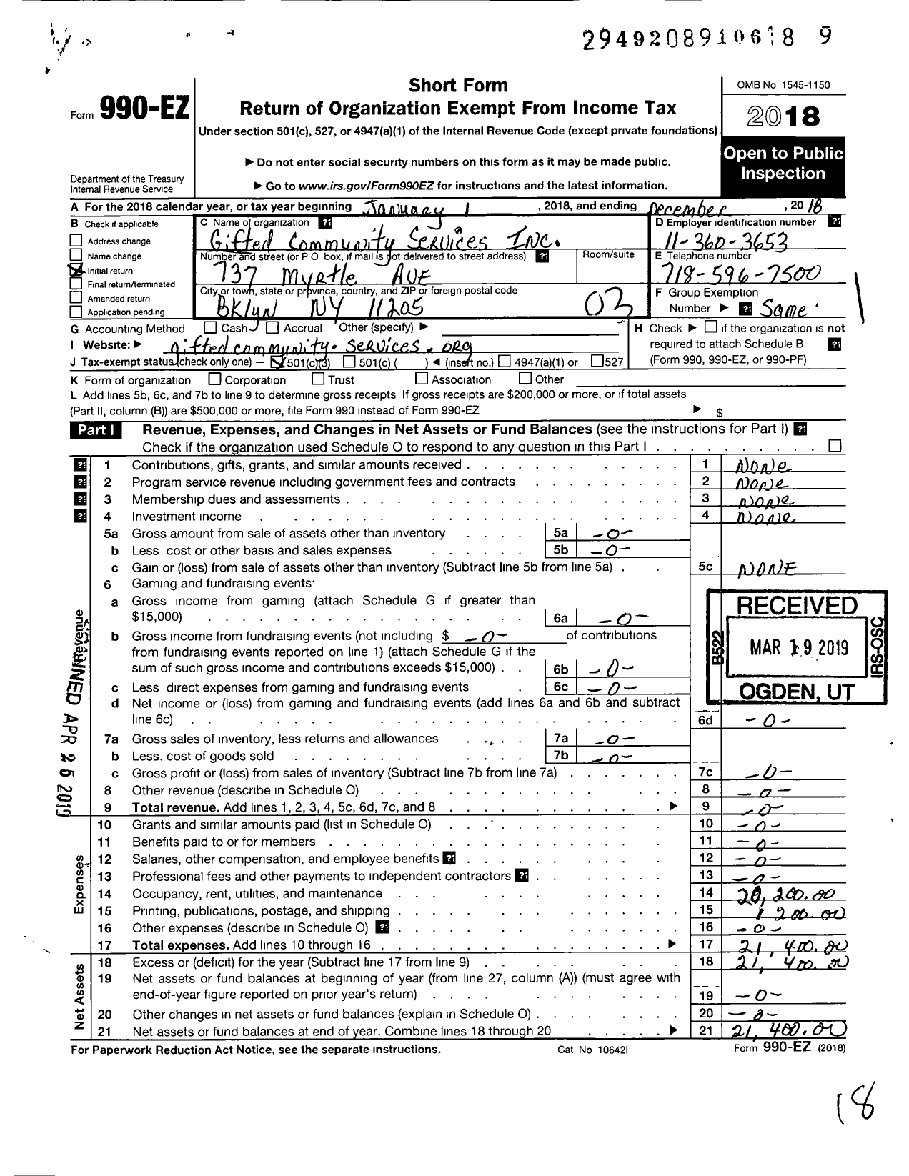 Image of first page of 2018 Form 990EZ for Gifted Community Services