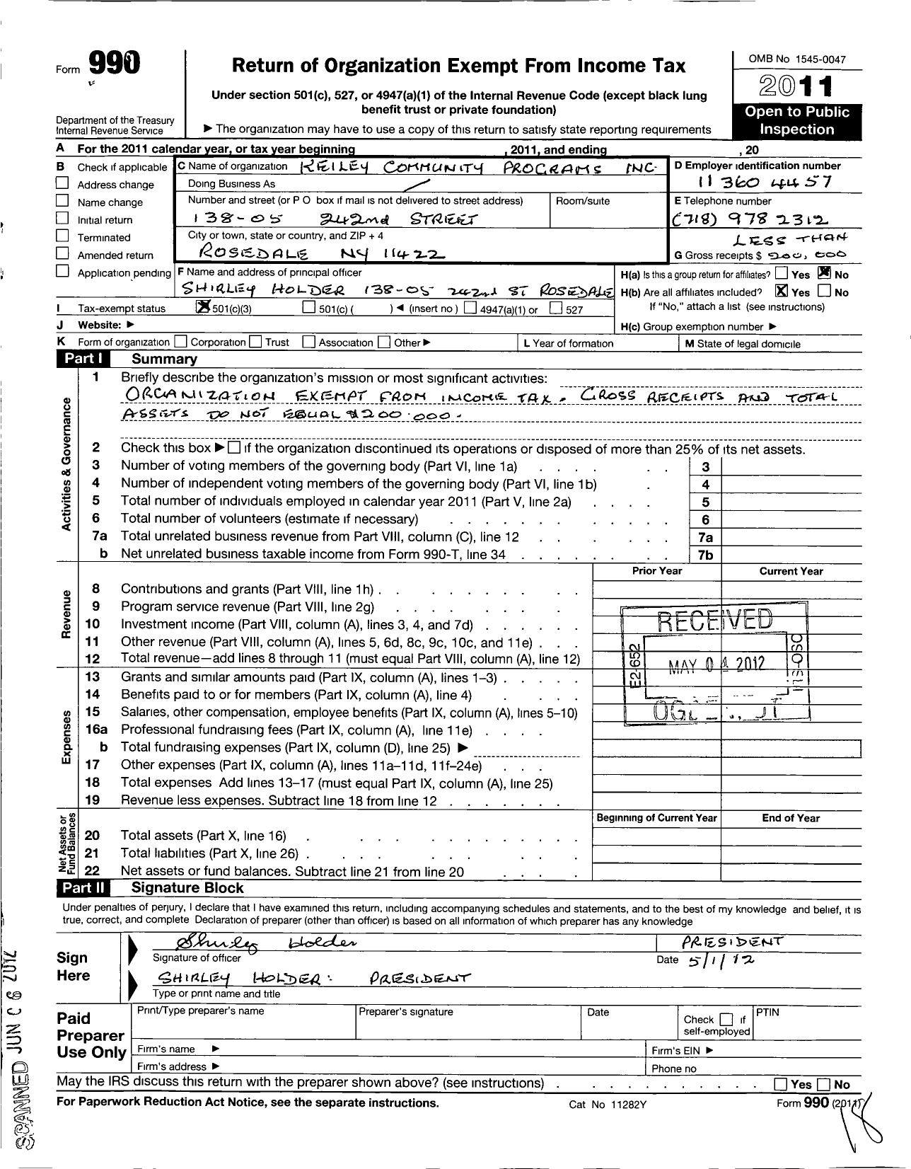 Image of first page of 2011 Form 990 for Keiley Community Programs