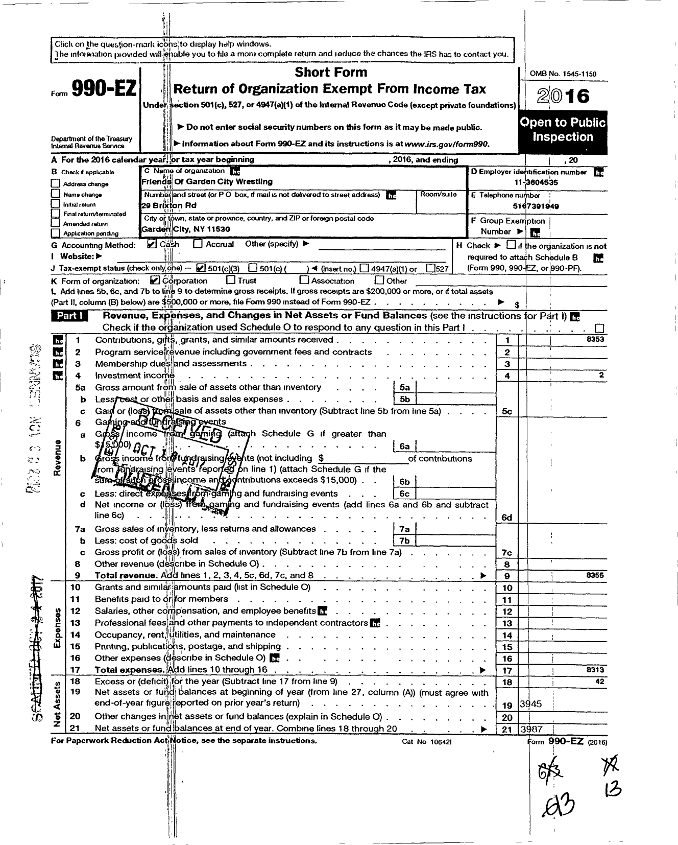 Image of first page of 2016 Form 990EZ for Friends of Garden City Wrestling