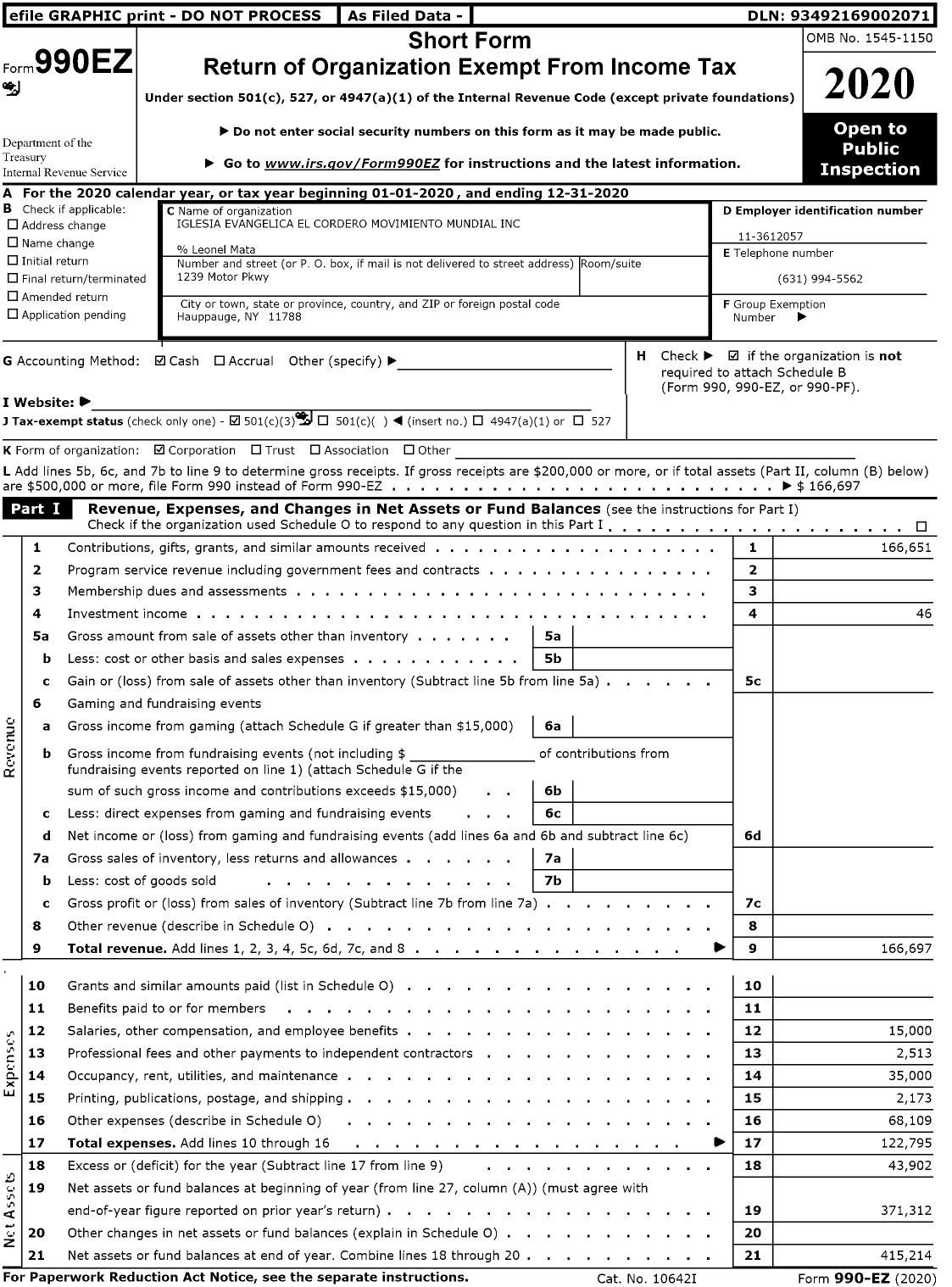 Image of first page of 2020 Form 990EZ for Iglesia Evangelica El Cordero Movimiento Mundial