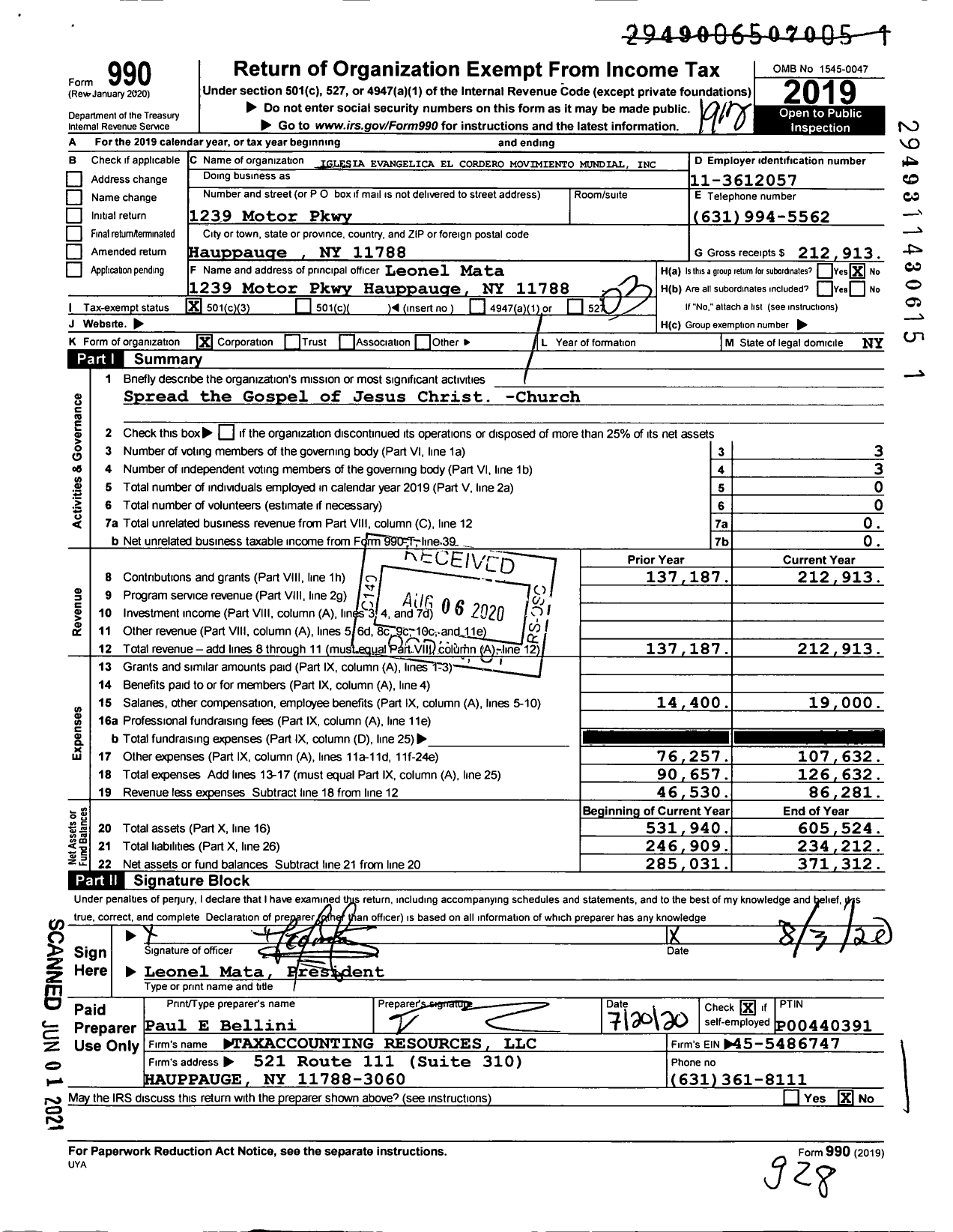 Image of first page of 2019 Form 990 for Iglesia Evangelica El Cordero Movimiento Mundial