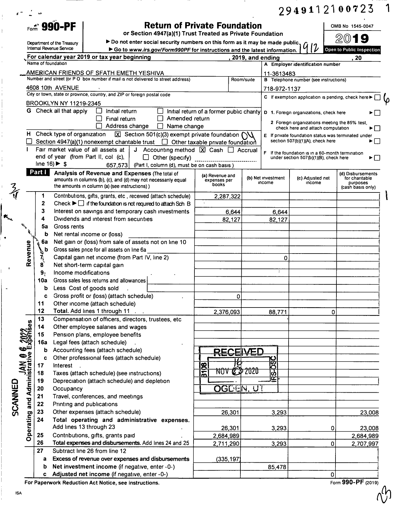 Image of first page of 2019 Form 990PF for American Friends of Sfath Emeth Yeshiva