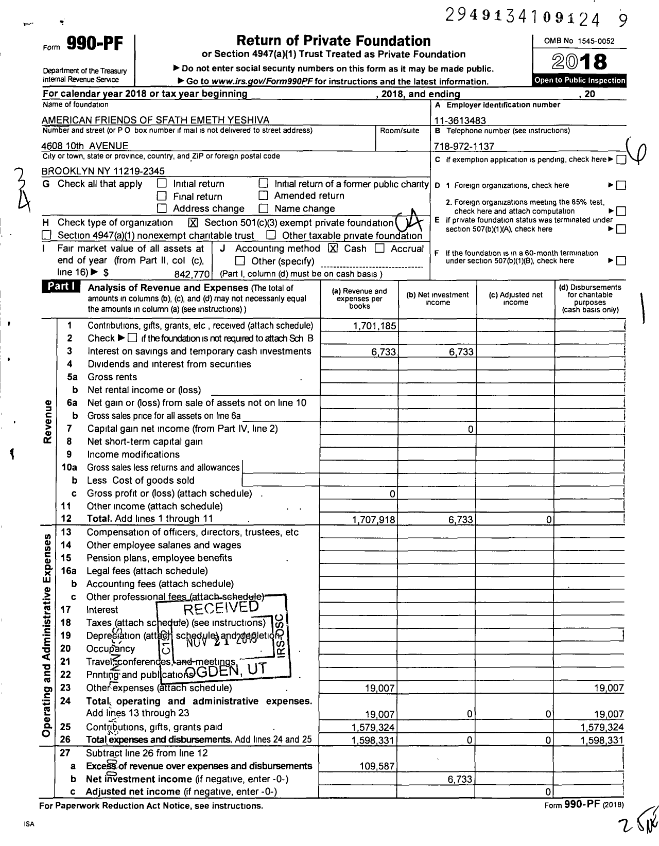 Image of first page of 2018 Form 990PF for American Friends of Sfath Emeth Yeshiva