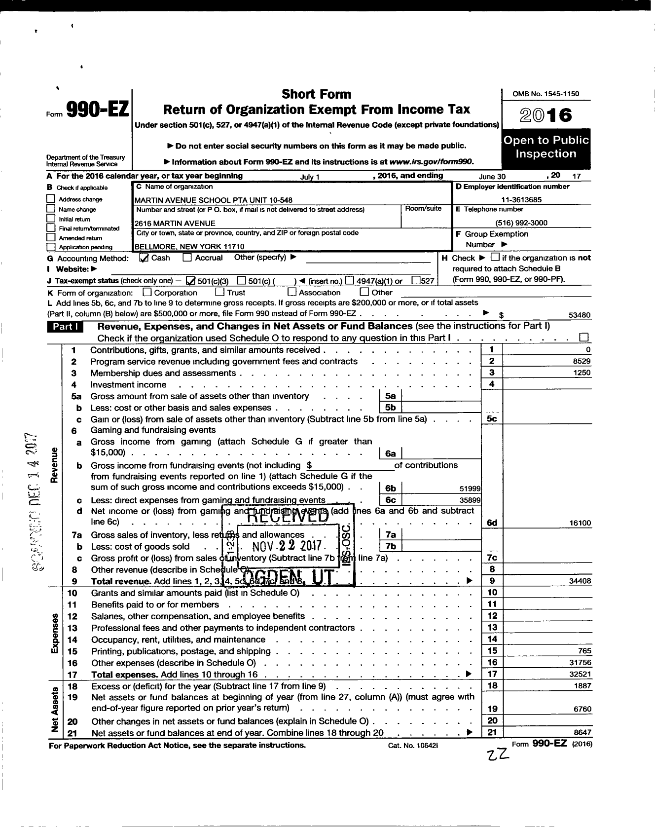 Image of first page of 2016 Form 990EZ for New York State PTA - 10-548 Martin Avenue School PTA