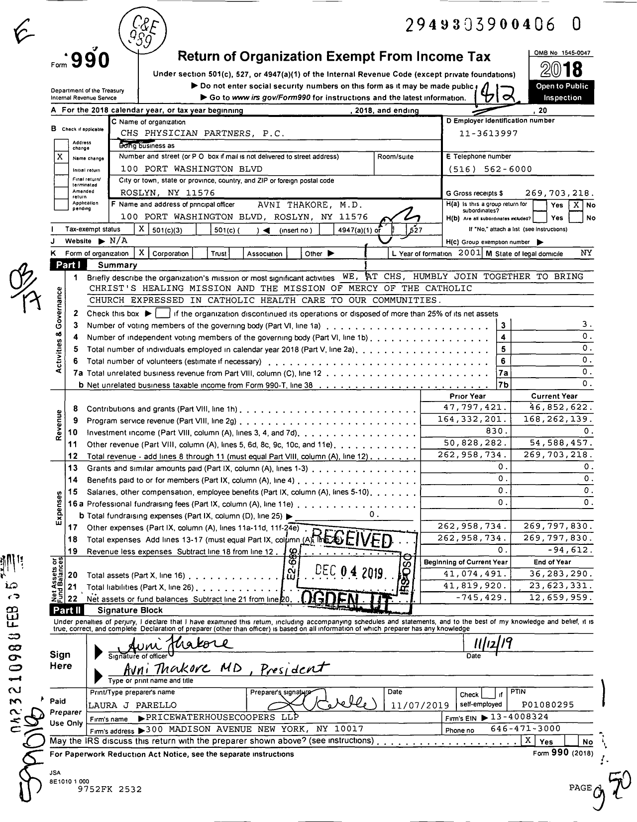 Image of first page of 2018 Form 990 for CHS Physician Partners PC