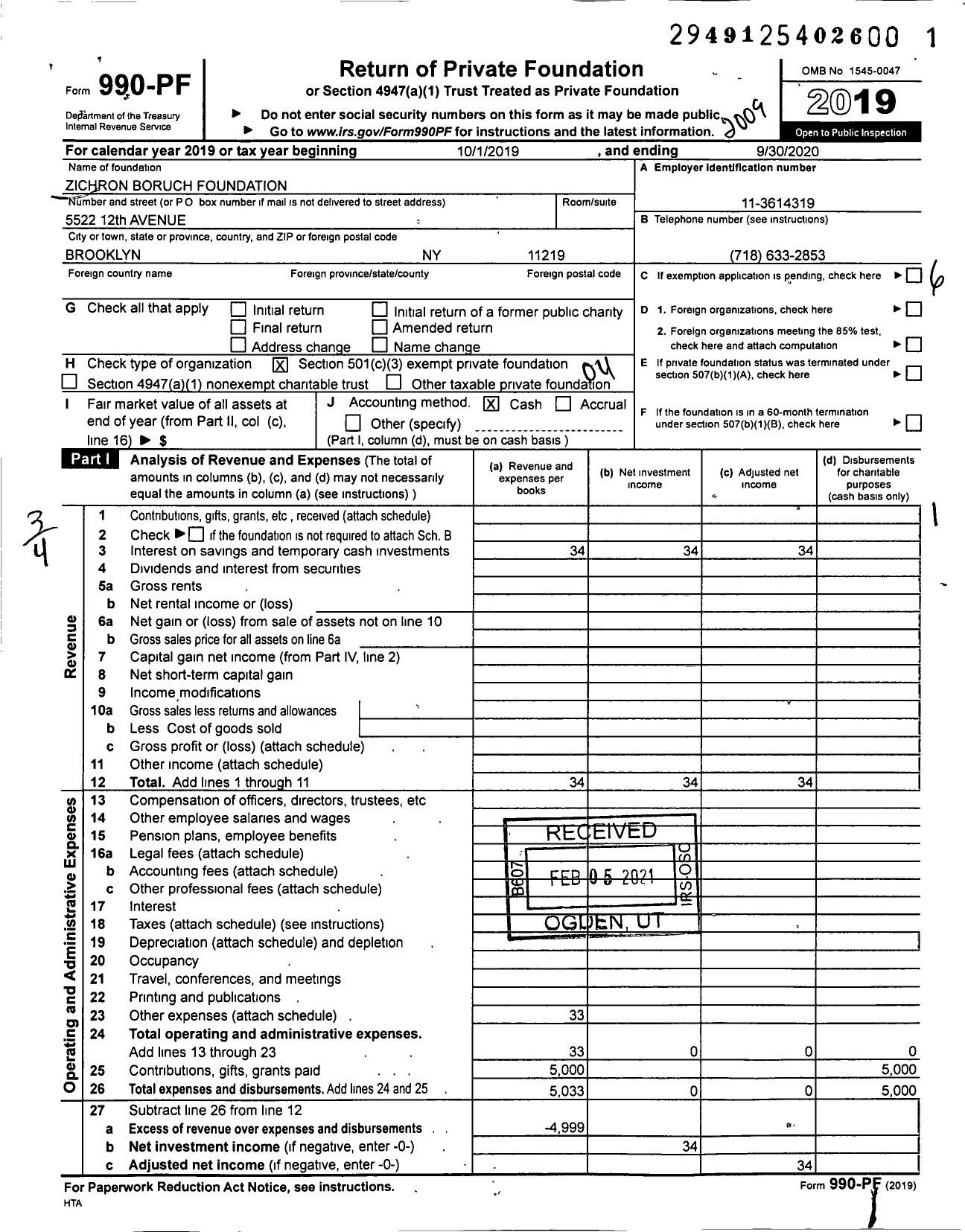 Image of first page of 2019 Form 990PF for Zichron Boruch Foundation