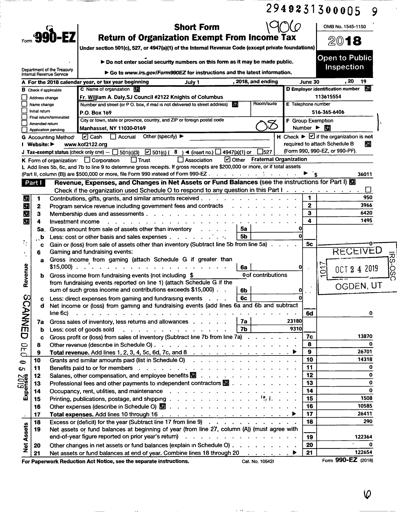 Image of first page of 2018 Form 990EO for KNIGHTS OF COLUMBUS - 2122 Council Fr William A Daly