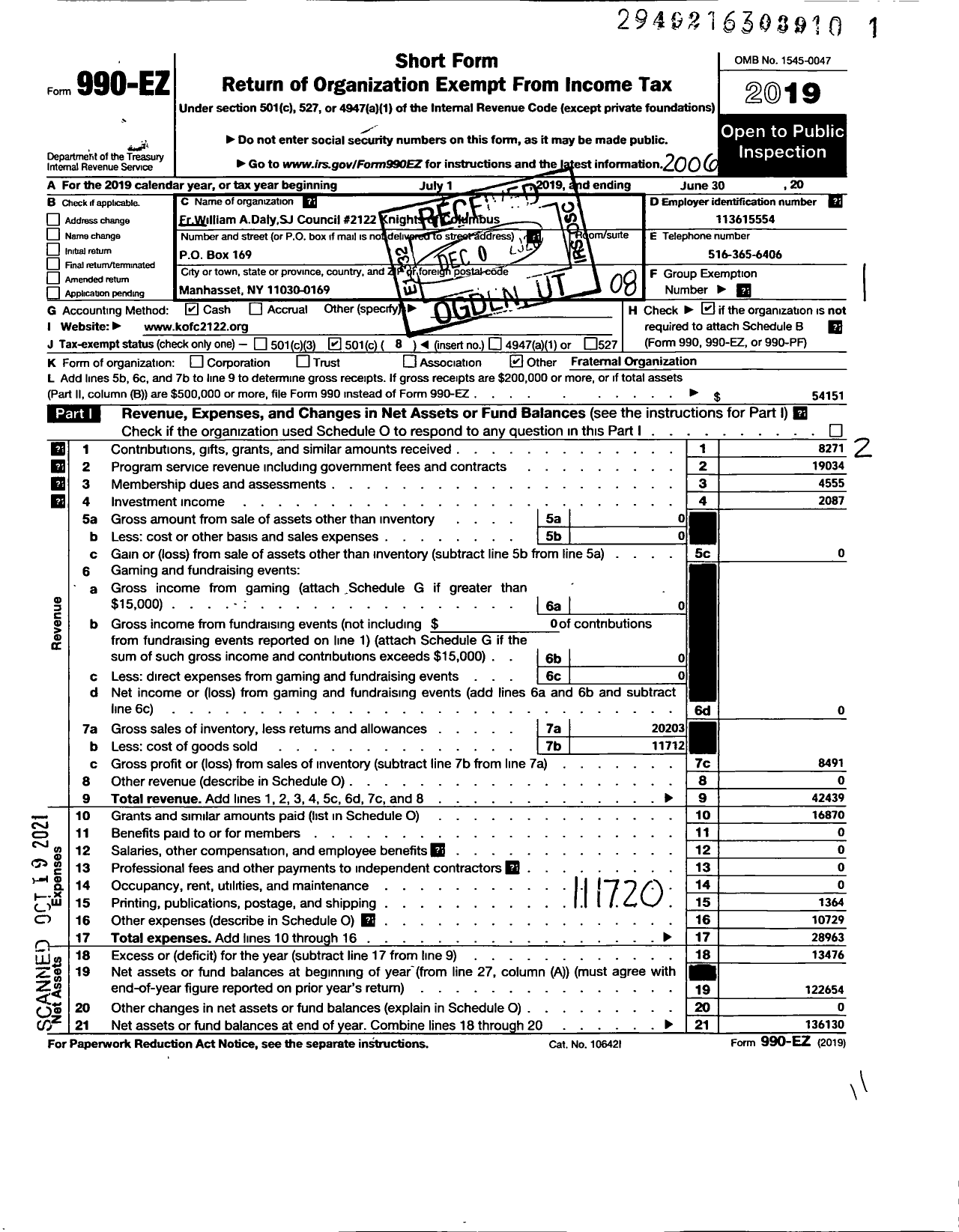 Image of first page of 2019 Form 990EO for KNIGHTS OF COLUMBUS - 2122 Council Fr William A Daly