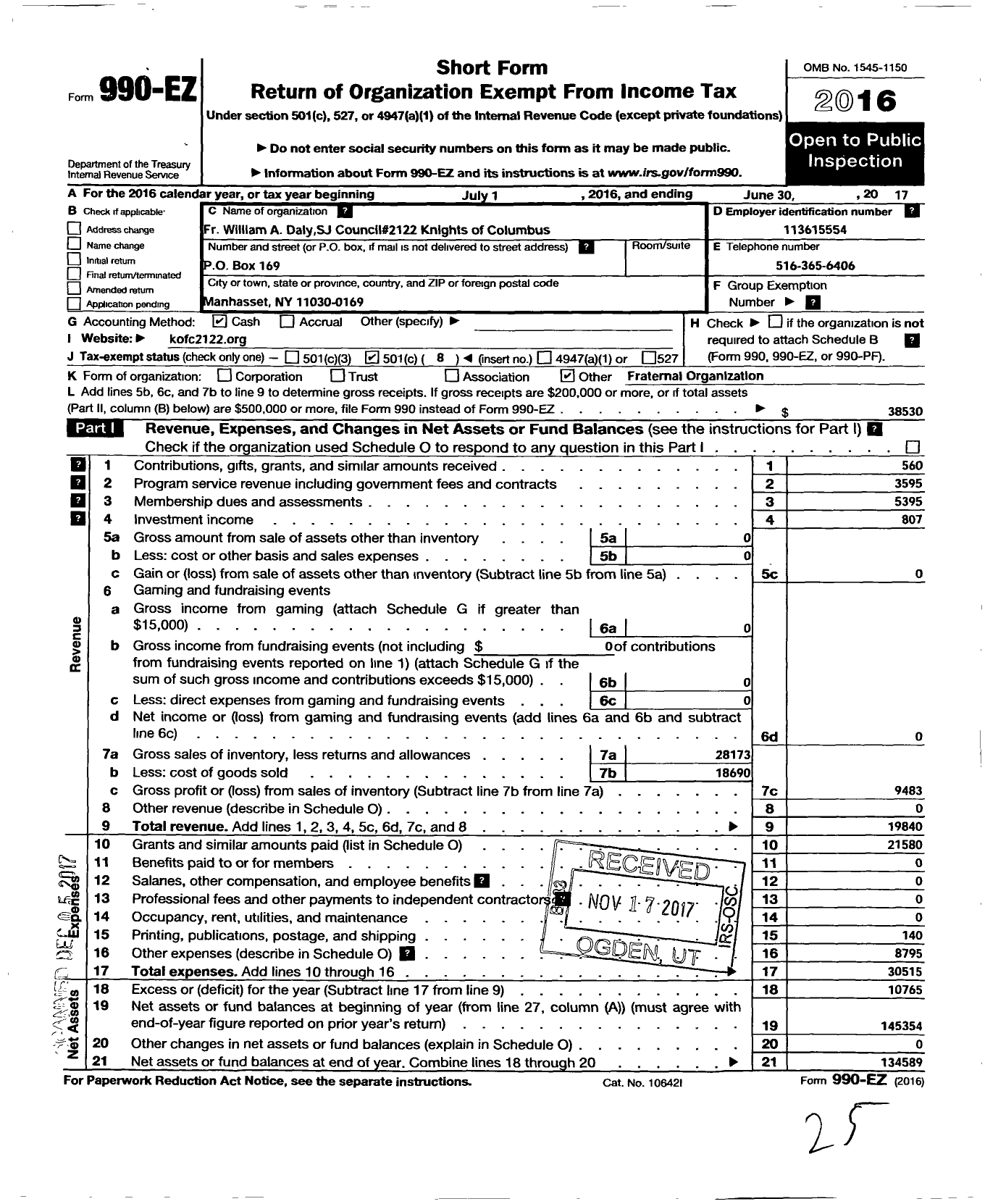 Image of first page of 2016 Form 990EO for KNIGHTS OF COLUMBUS - 2122 Council Fr William A Daly