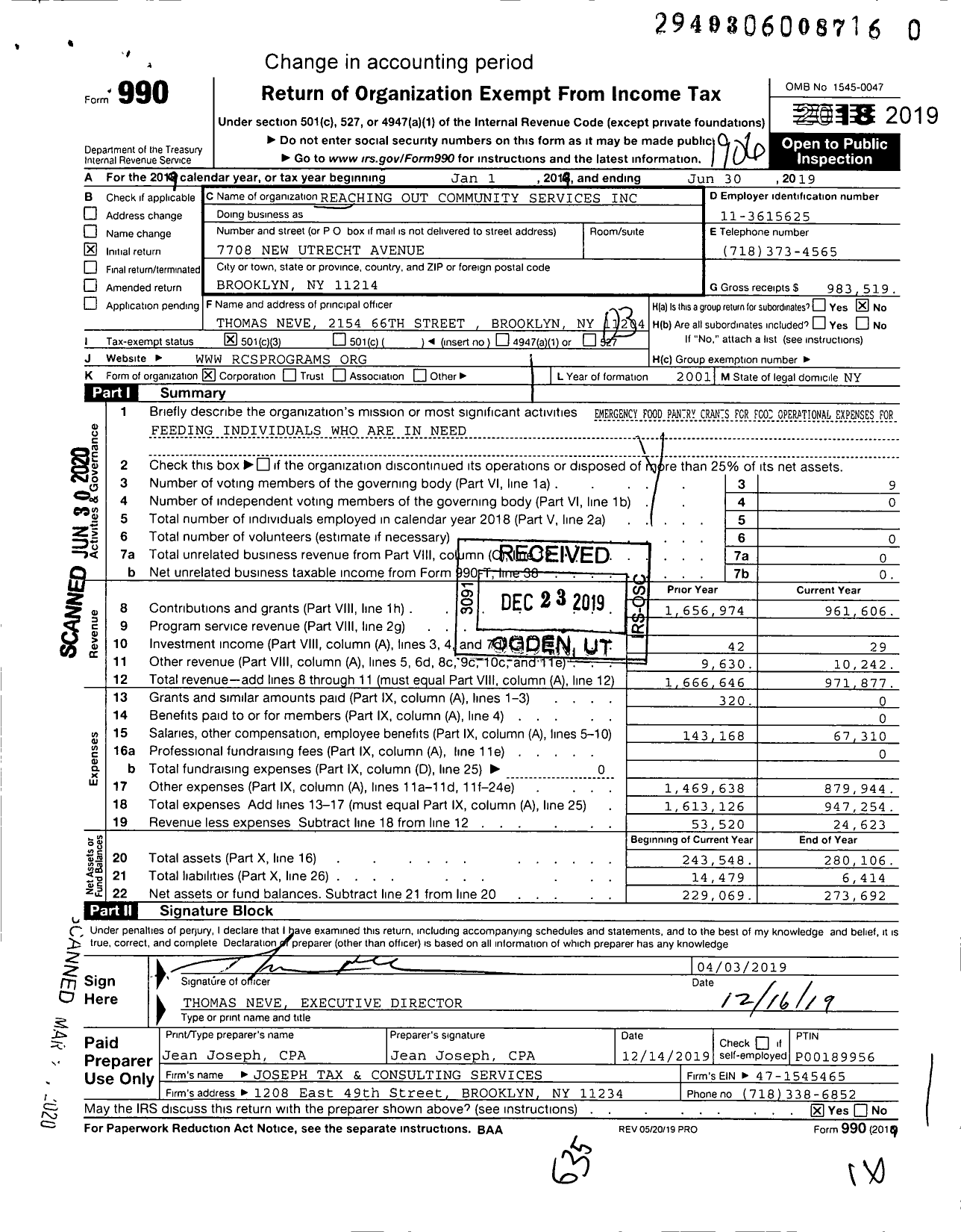 Image of first page of 2018 Form 990 for Reaching Out Community Services