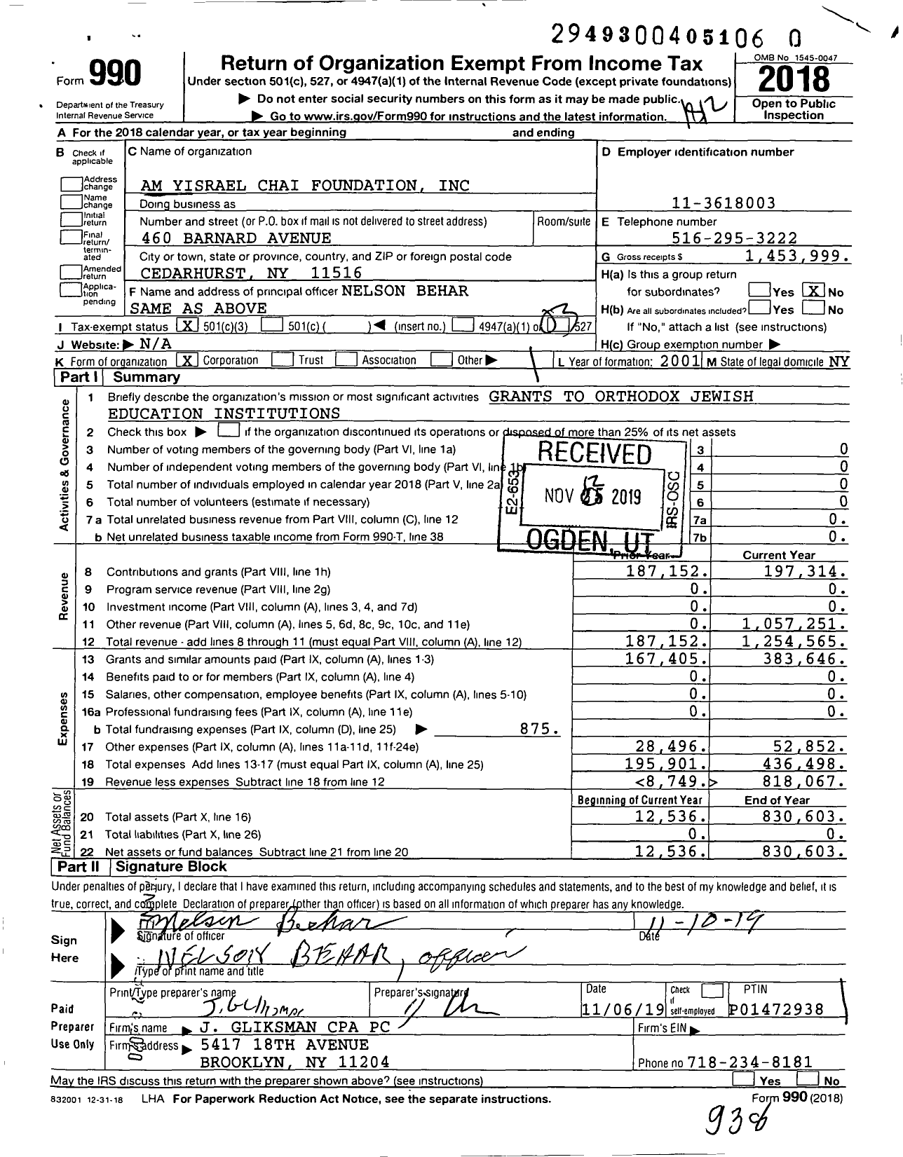 Image of first page of 2018 Form 990 for Am Yisrael Chai Foundation