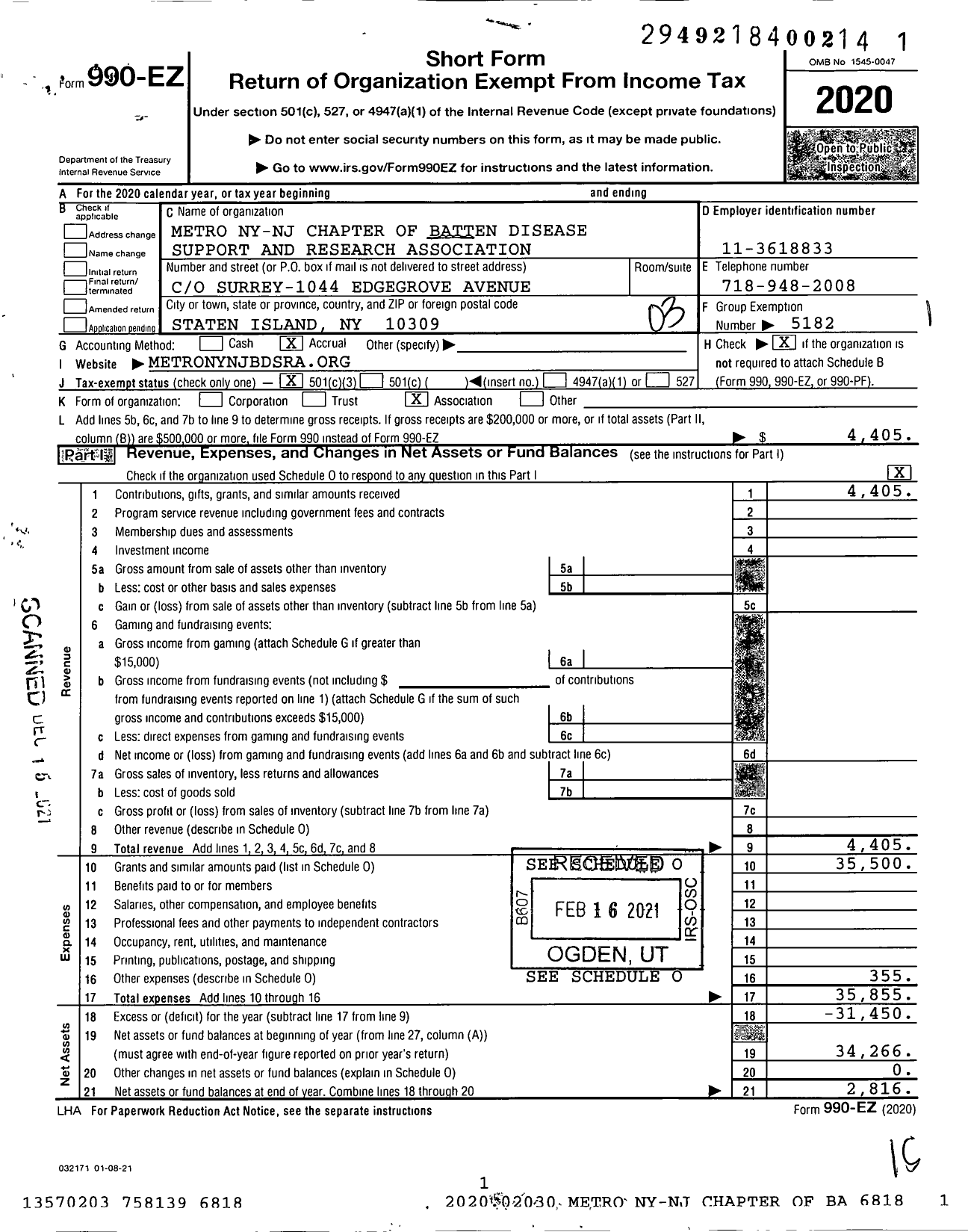 Image of first page of 2020 Form 990EZ for Metro Ny-Nj Chapter of Batten Disease Support