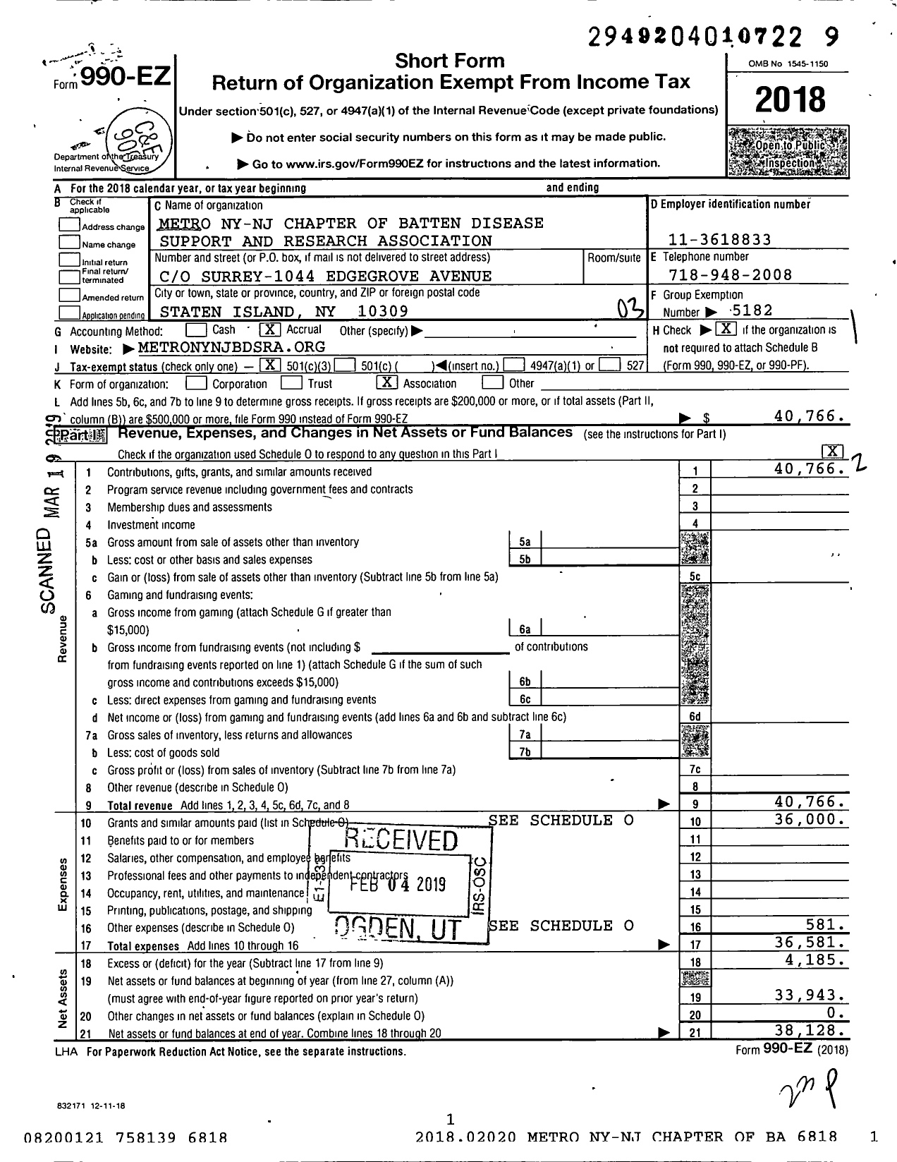 Image of first page of 2018 Form 990EZ for Metro Ny-Nj Chapter of Batten Disease Support