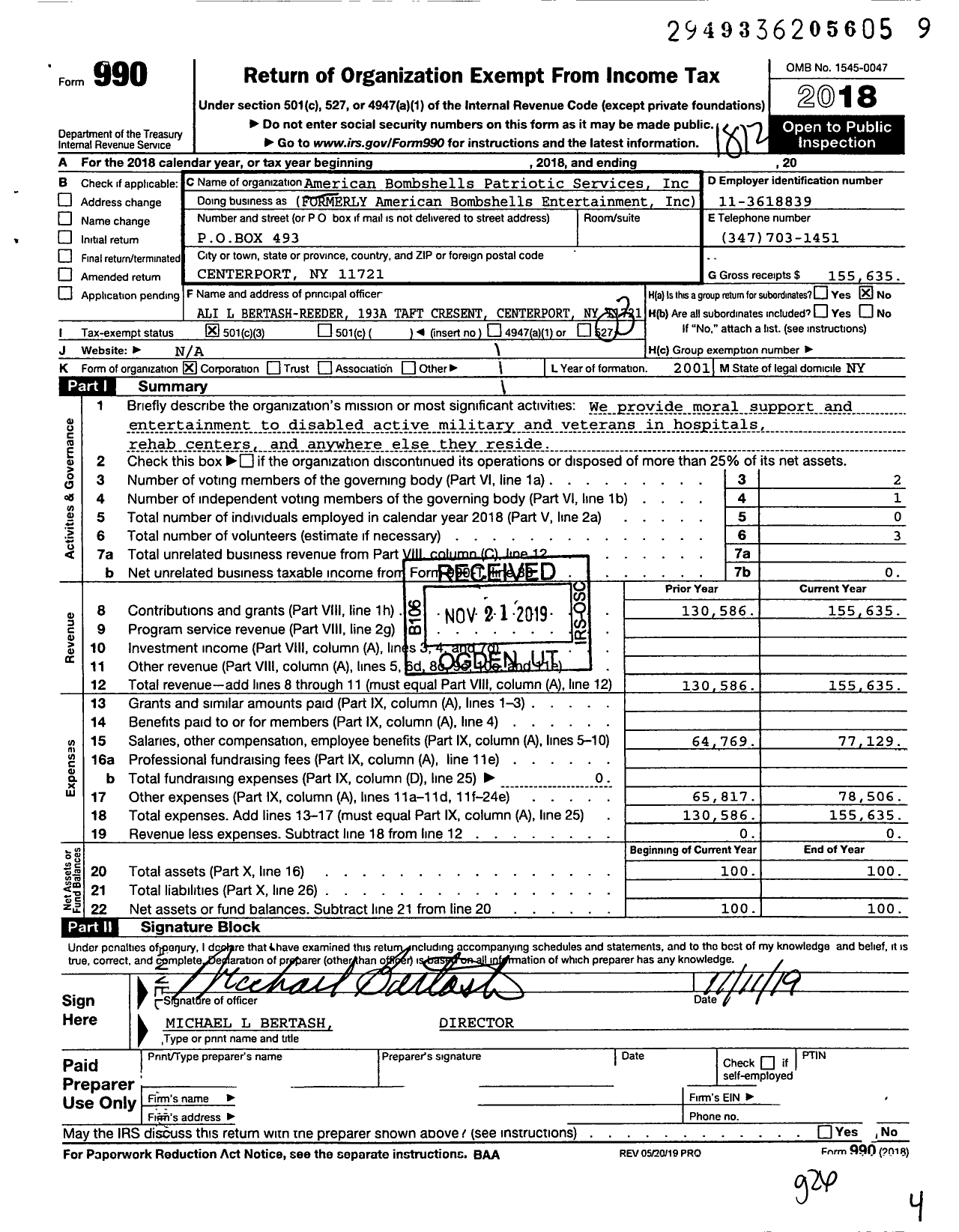 Image of first page of 2018 Form 990 for American Patriotic Services