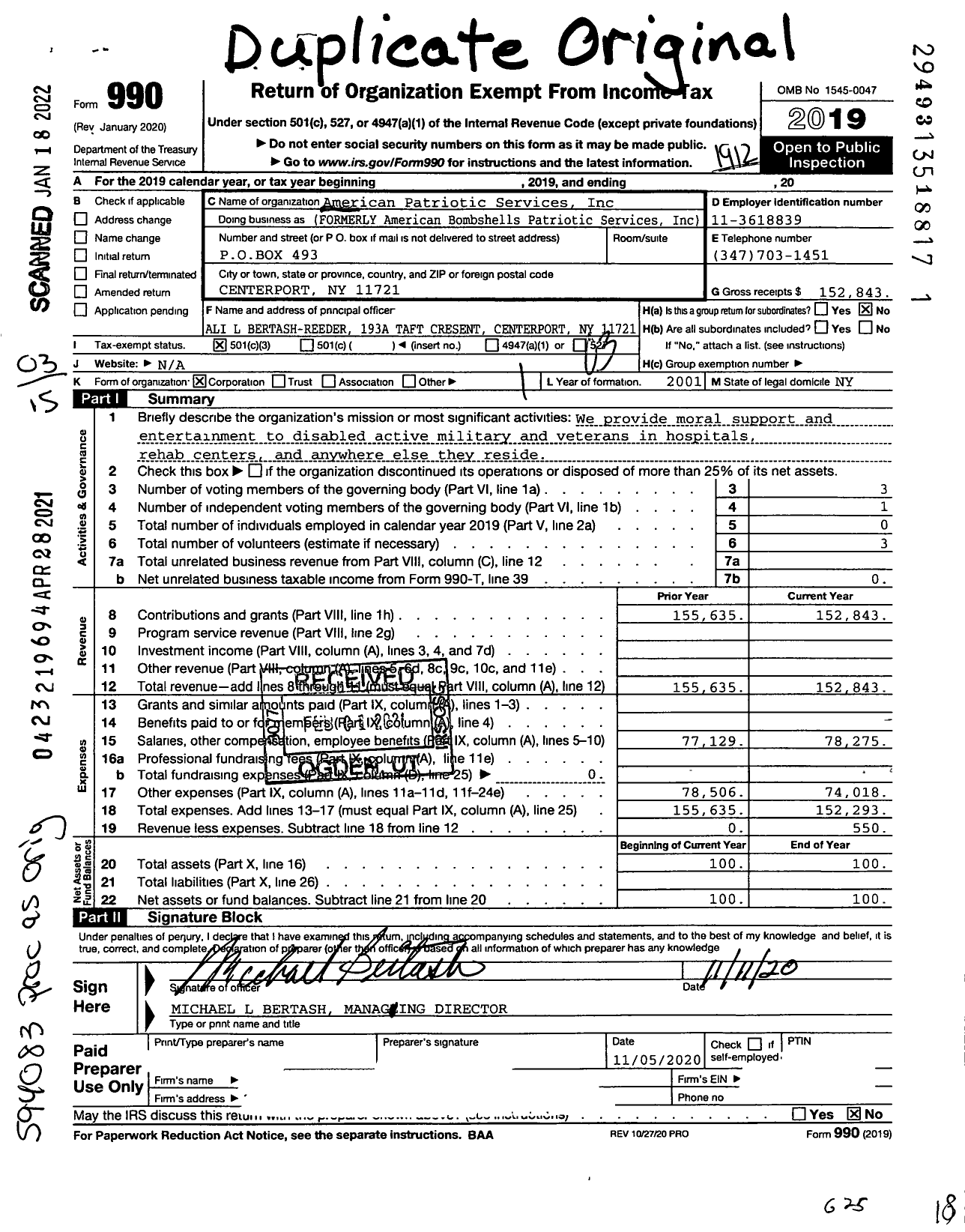 Image of first page of 2019 Form 990 for American Patriotic Services