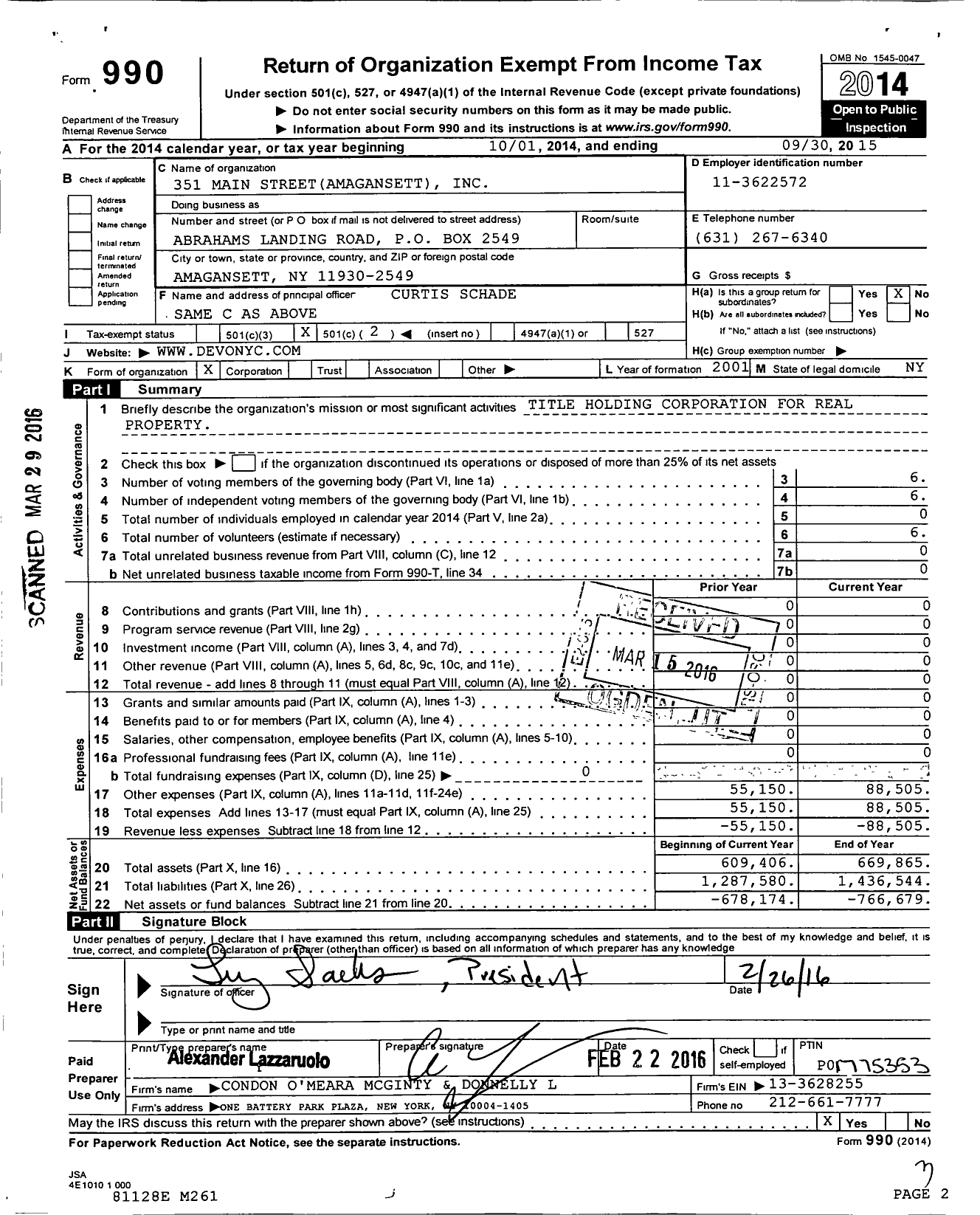 Image of first page of 2014 Form 990O for 351 Main Street Amagansett