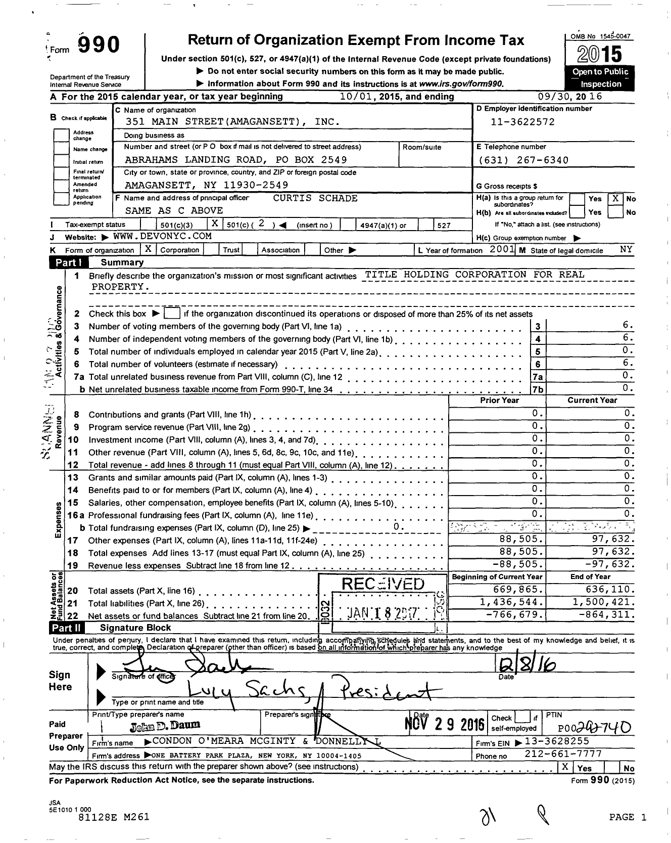 Image of first page of 2015 Form 990O for 351 Main Street Amagansett