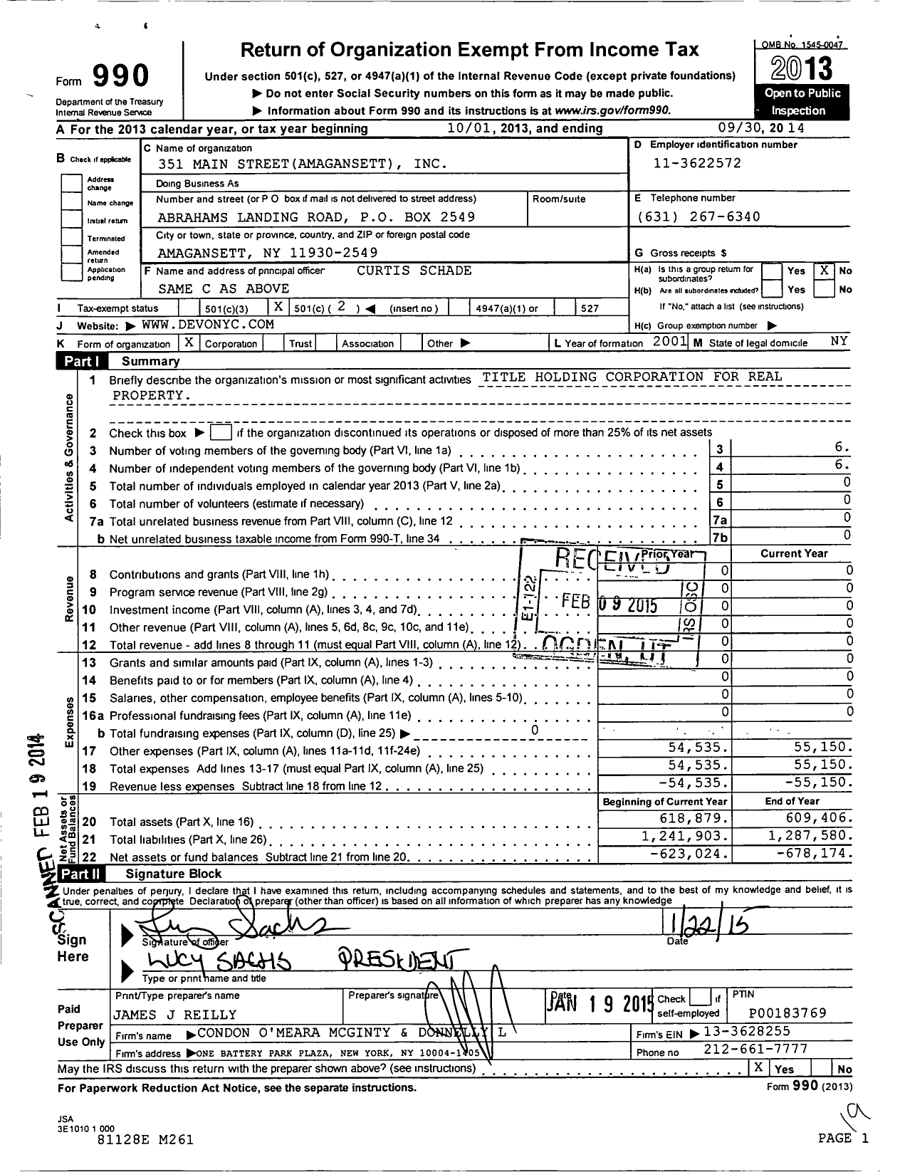 Image of first page of 2013 Form 990O for 351 Main Street Amagansett