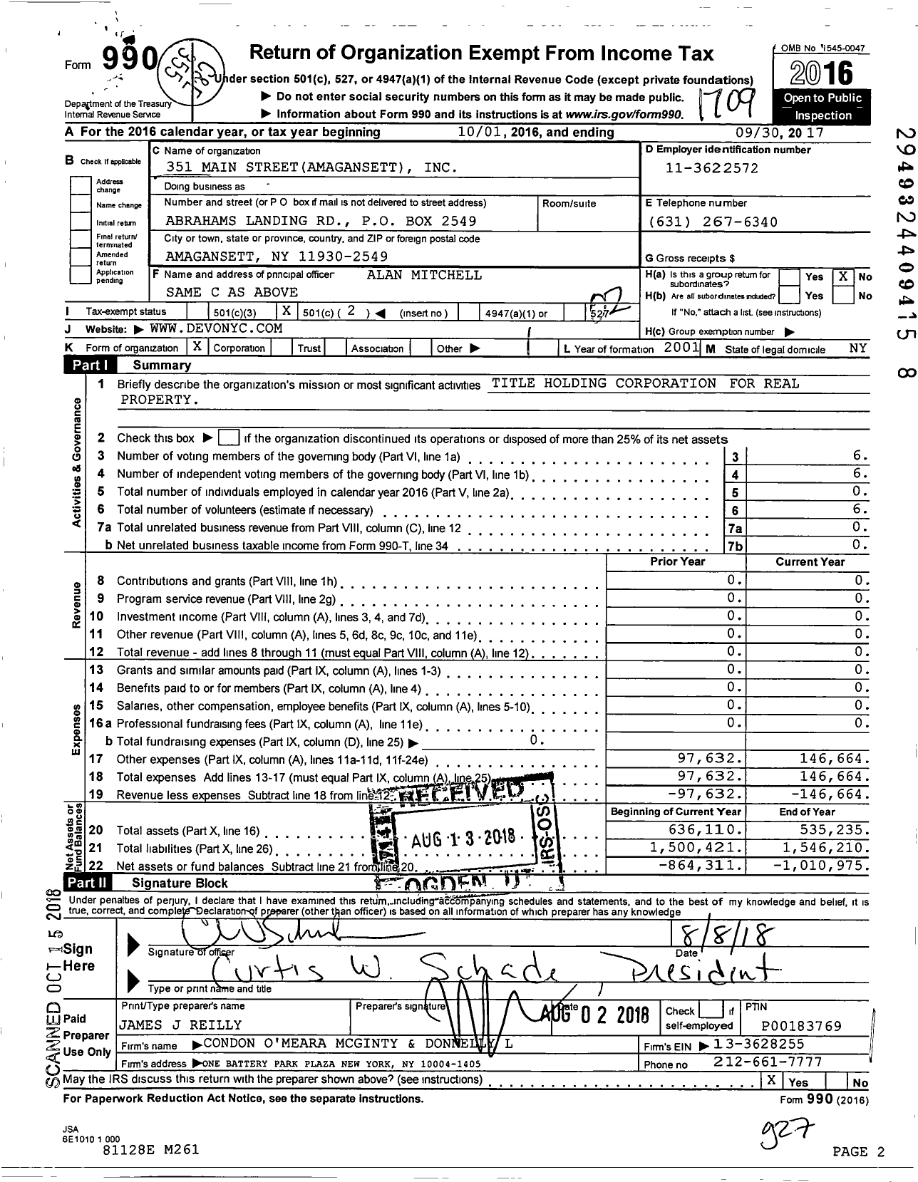 Image of first page of 2016 Form 990O for 351 Main Street Amagansett