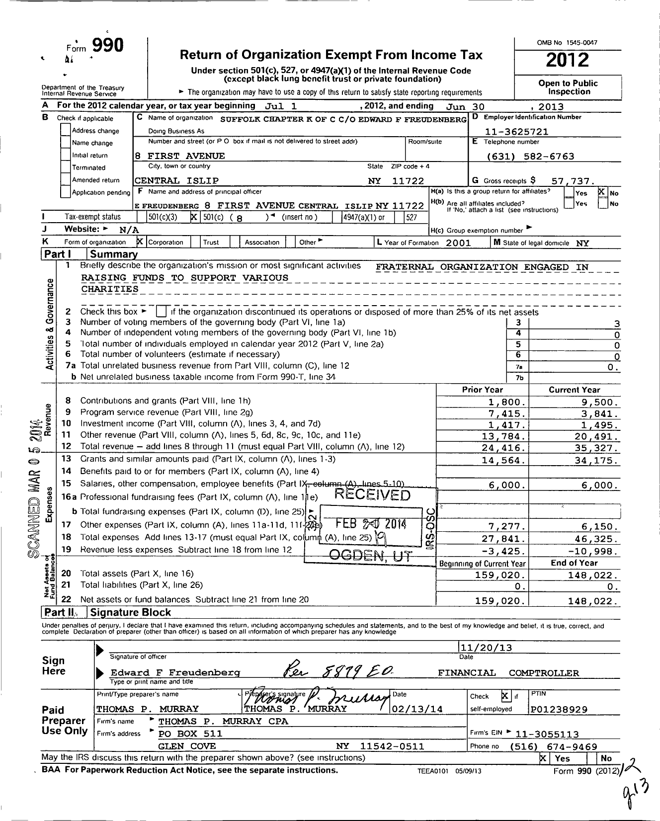 Image of first page of 2012 Form 990O for Suffolk Chapter Knights of Columbus