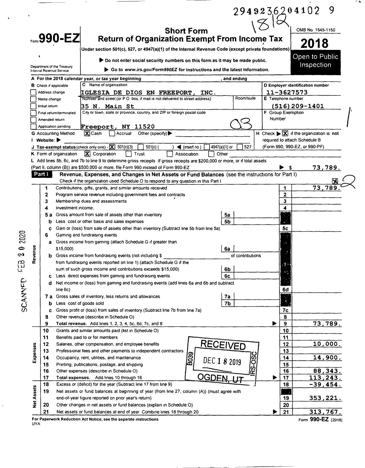 Image of first page of 2018 Form 990EZ for Iglesia de Dios En Freeport