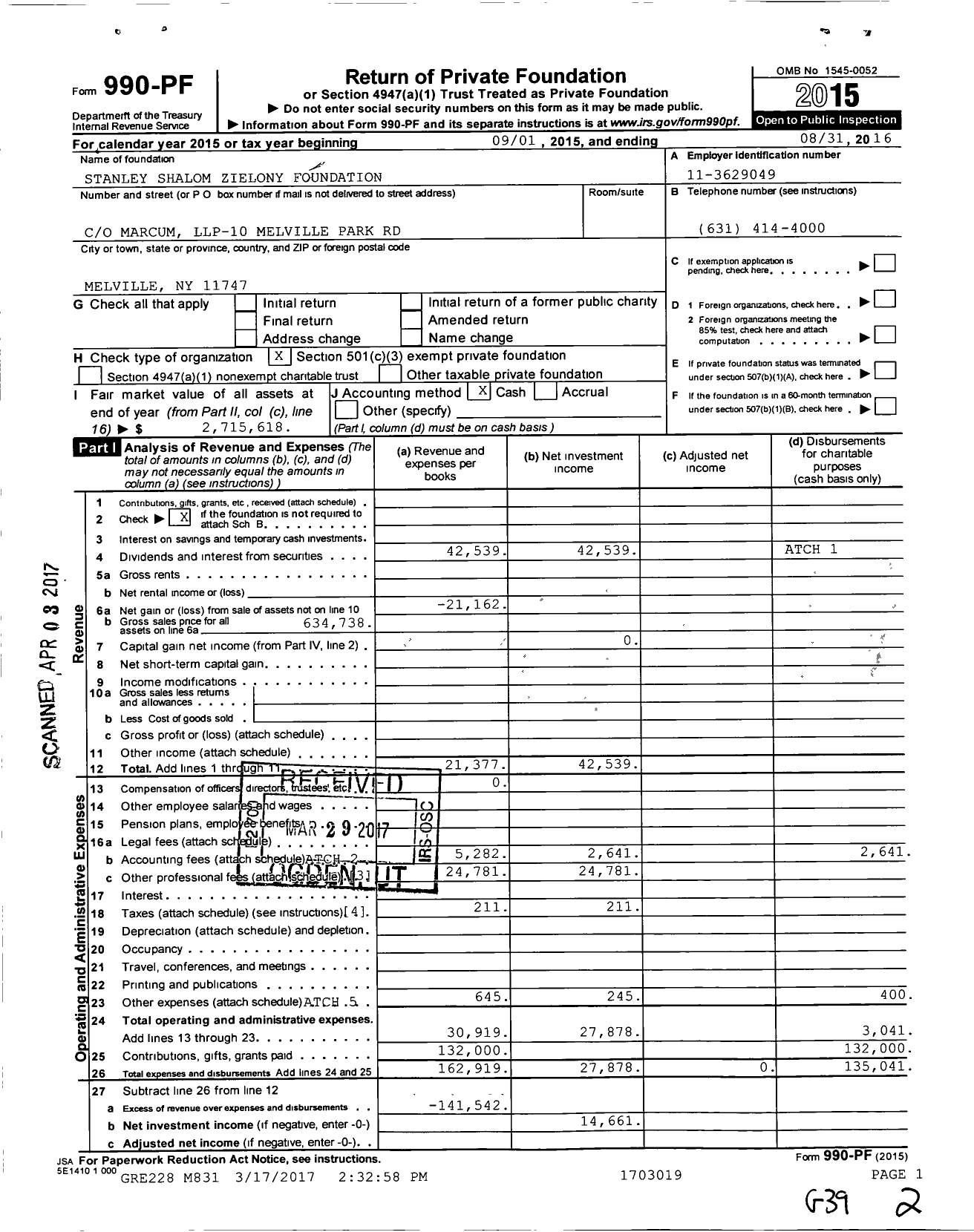 Image of first page of 2015 Form 990PF for Stanley Shalom Zielony Foundation