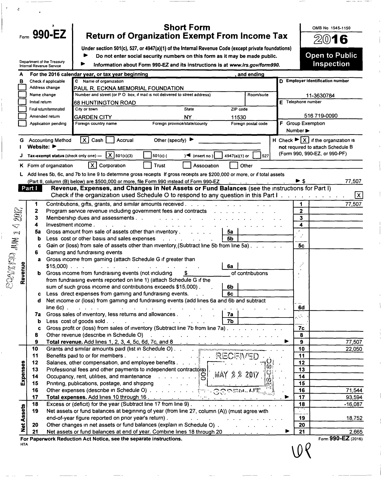 Image of first page of 2016 Form 990EZ for Paul R Eckna Memorial Foundation