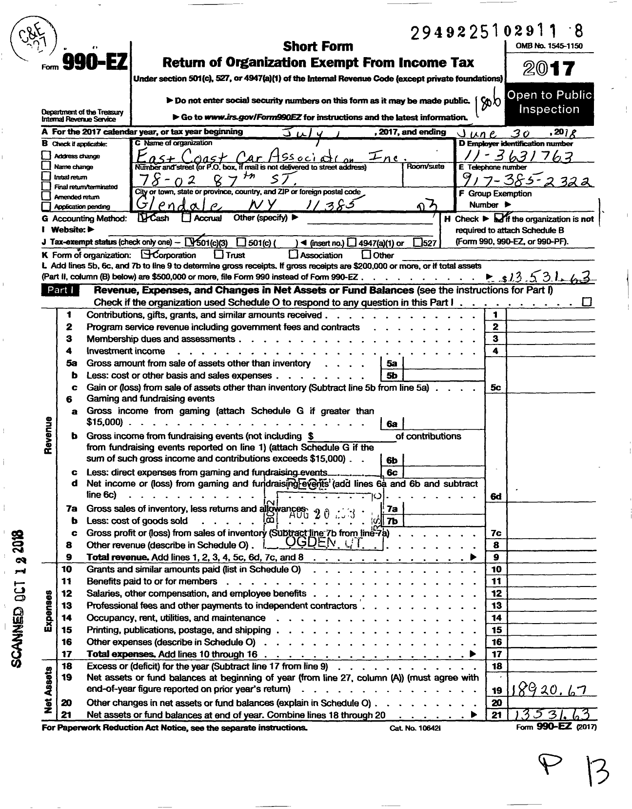 Image of first page of 2017 Form 990EZ for East Coast Car Association