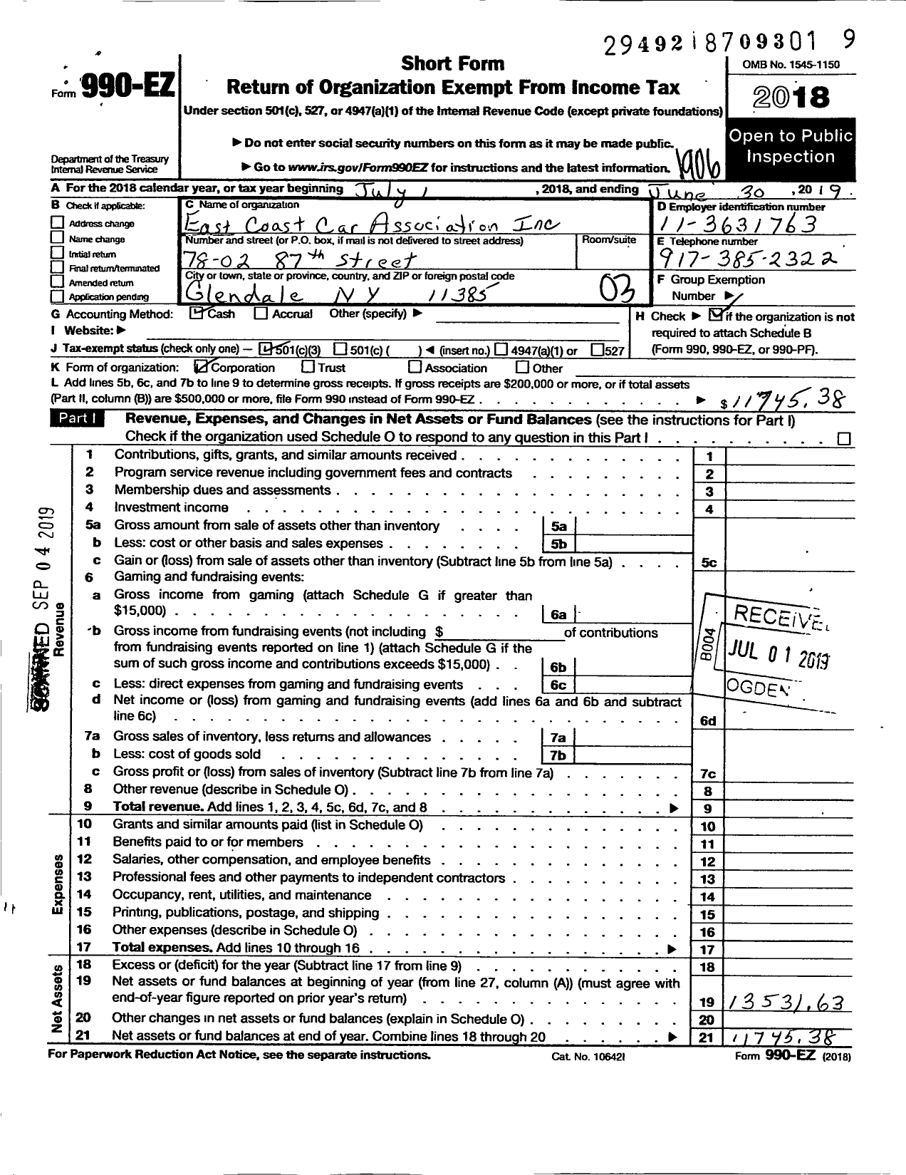 Image of first page of 2018 Form 990EZ for East Coast Car Association