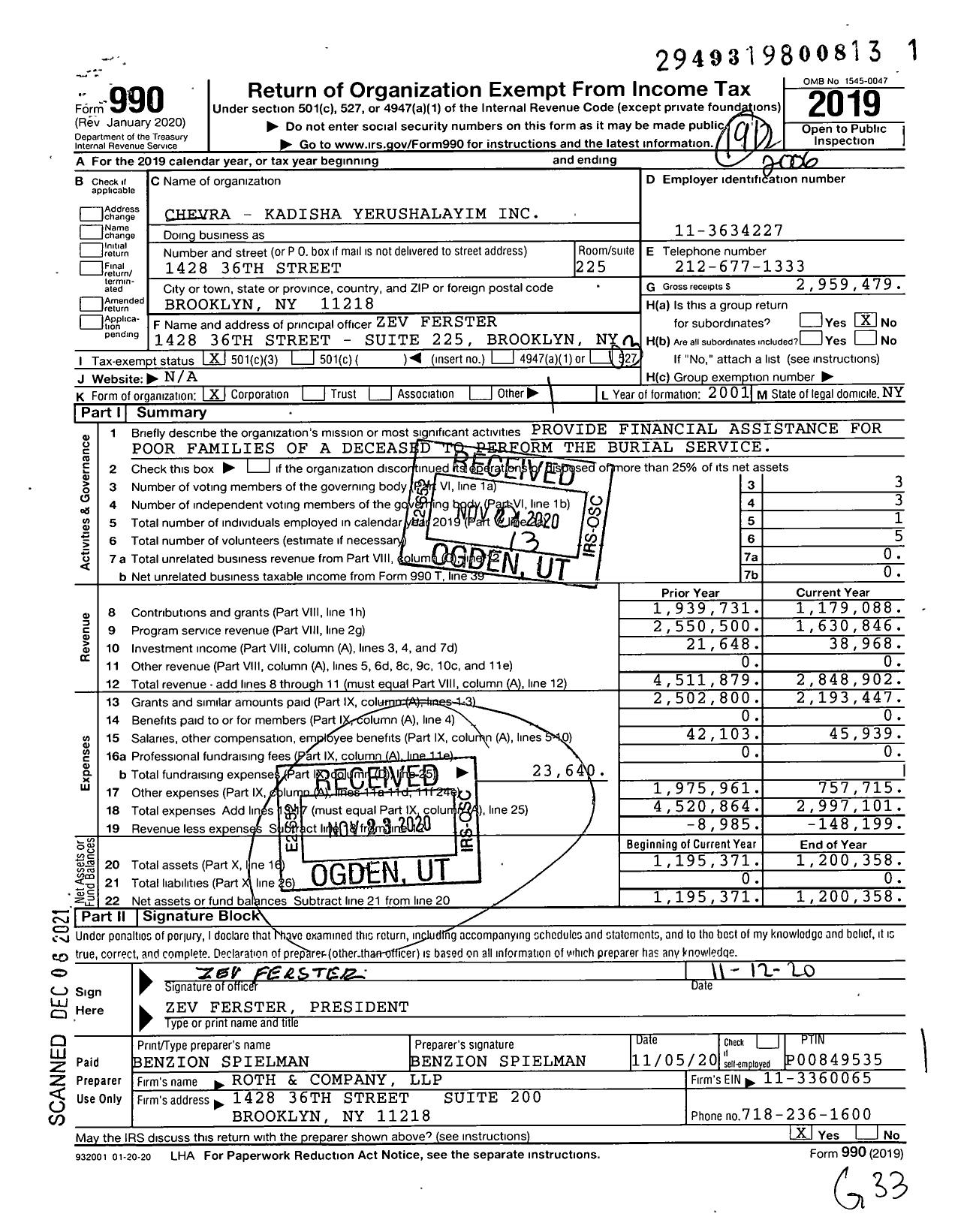 Image of first page of 2019 Form 990 for Chevra - Kadisha Yerushalayim