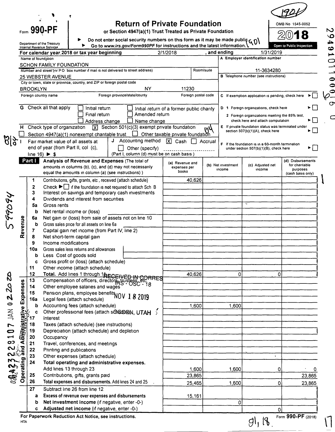 Image of first page of 2018 Form 990PR for Schon Family Foundation