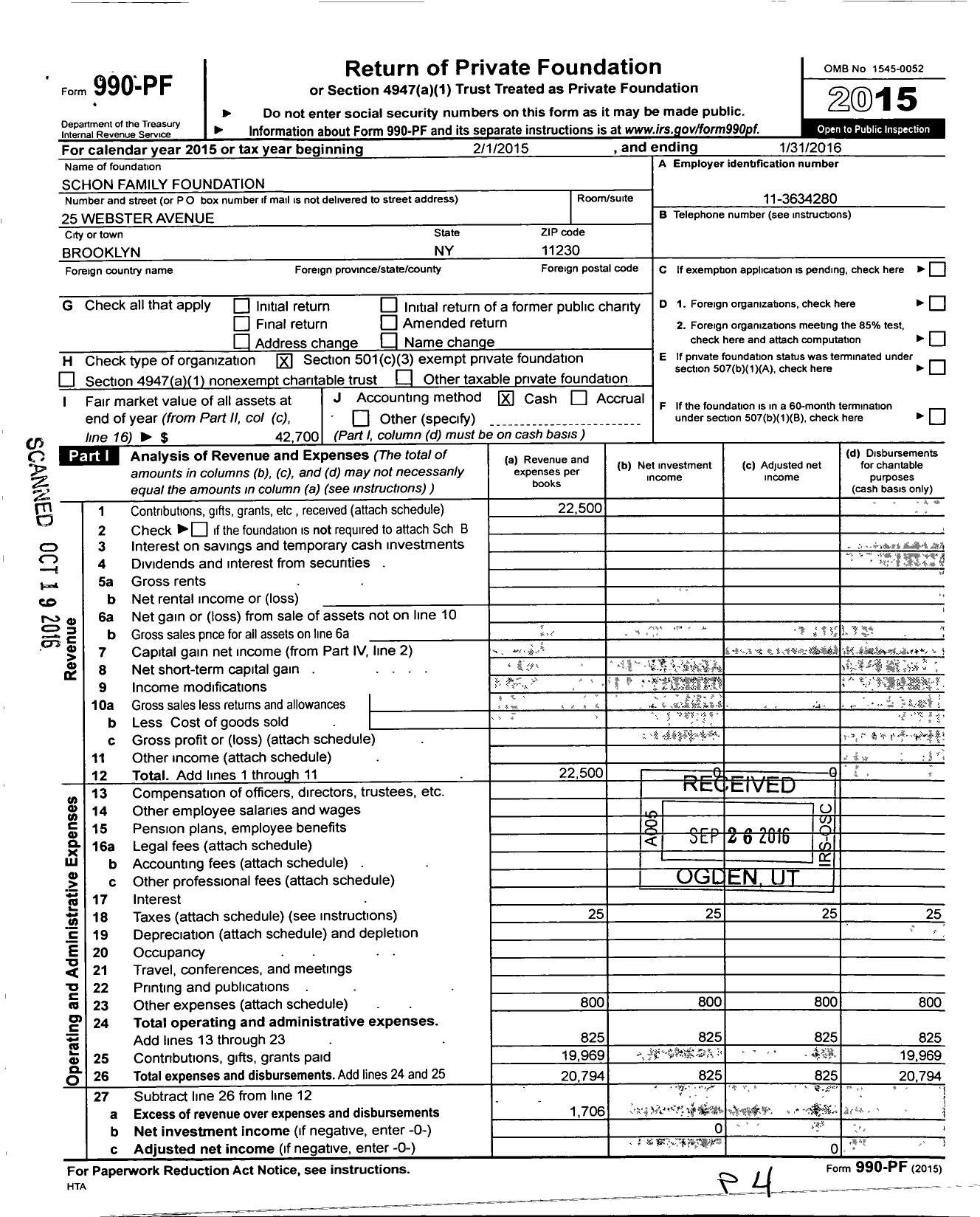 Image of first page of 2015 Form 990PF for Schon Family Foundation