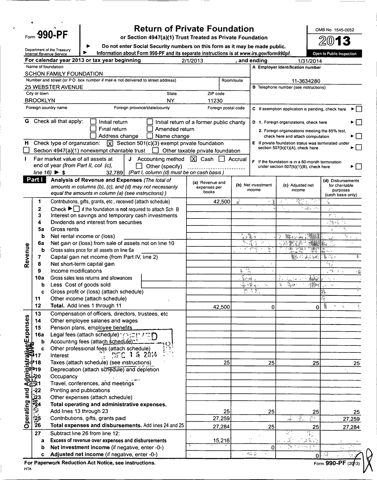 Image of first page of 2013 Form 990PF for Schon Family Foundation