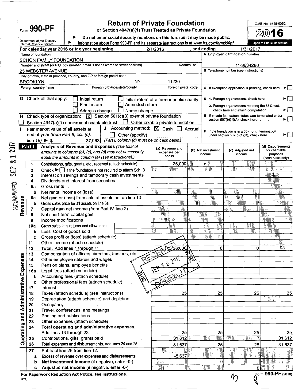 Image of first page of 2016 Form 990PF for Schon Family Foundation