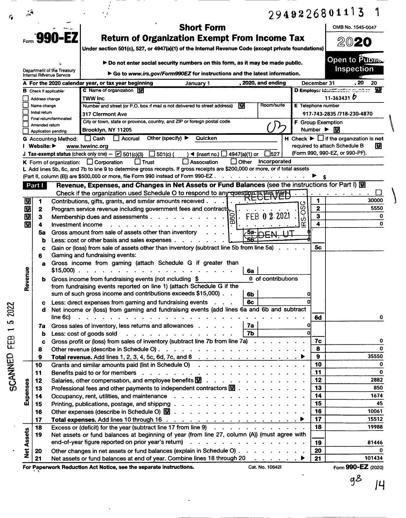 Image of first page of 2020 Form 990EZ for TWW