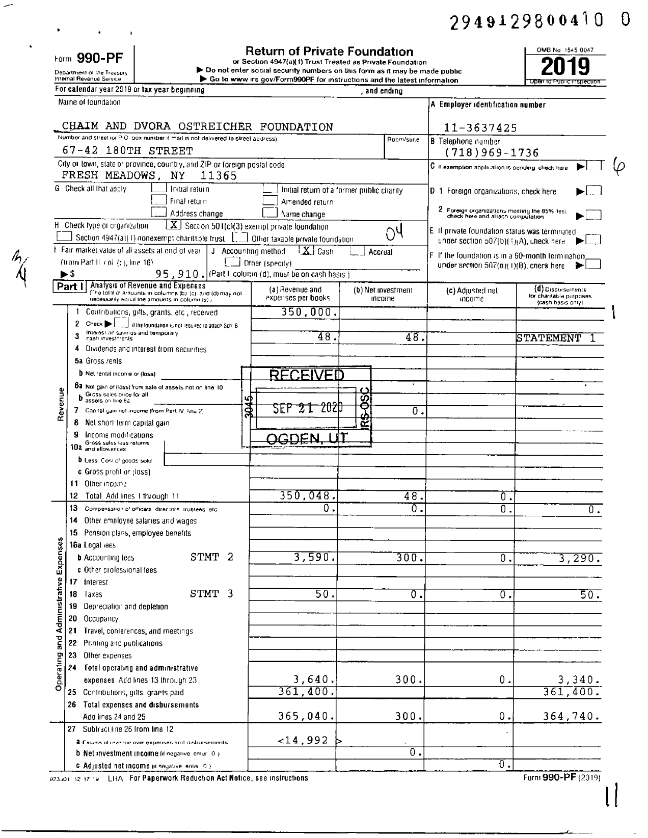 Image of first page of 2019 Form 990PF for Chaim and Dvora Ostreicher Foundation