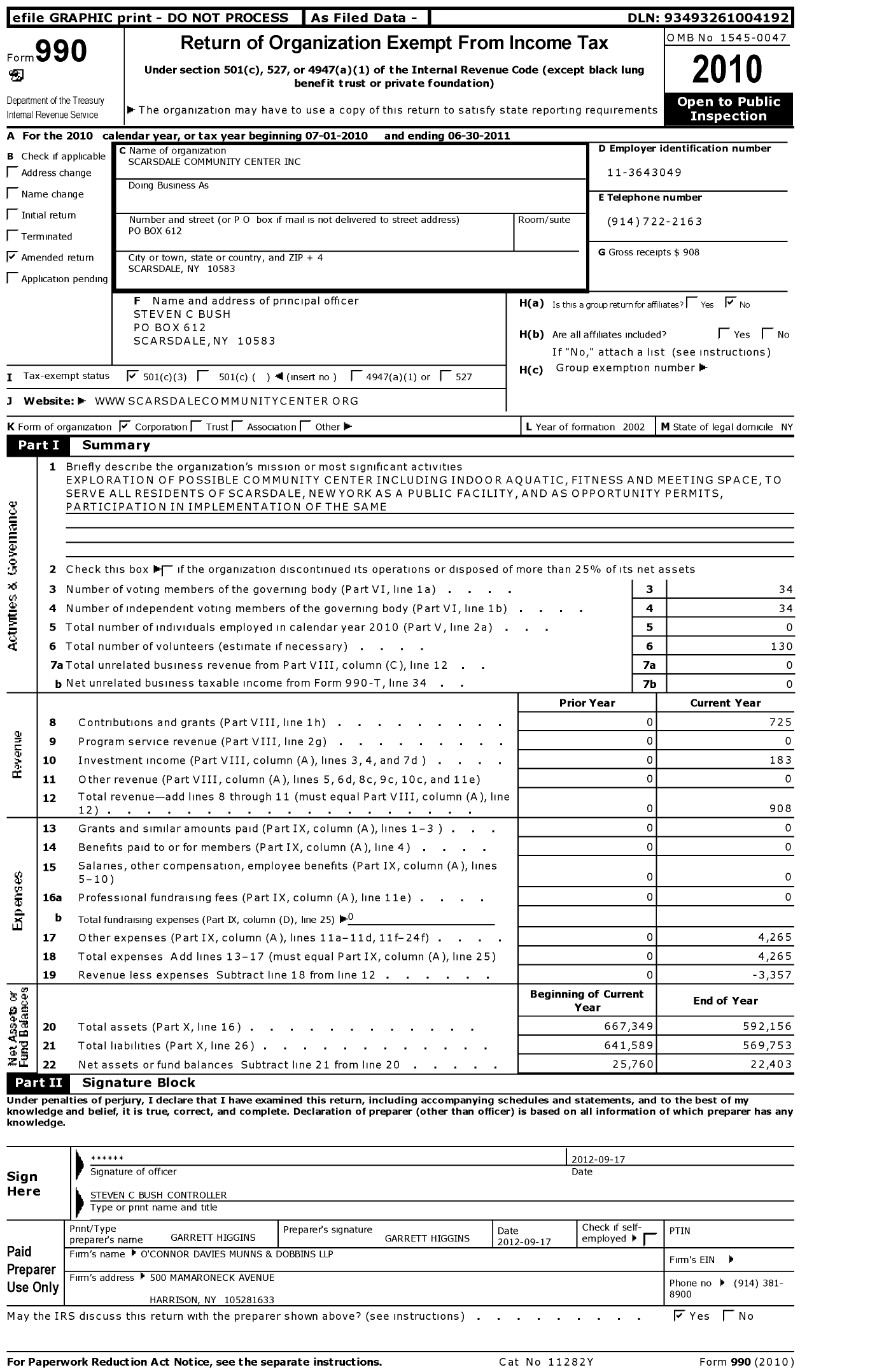 Image of first page of 2010 Form 990 for Scarsdale Community Center