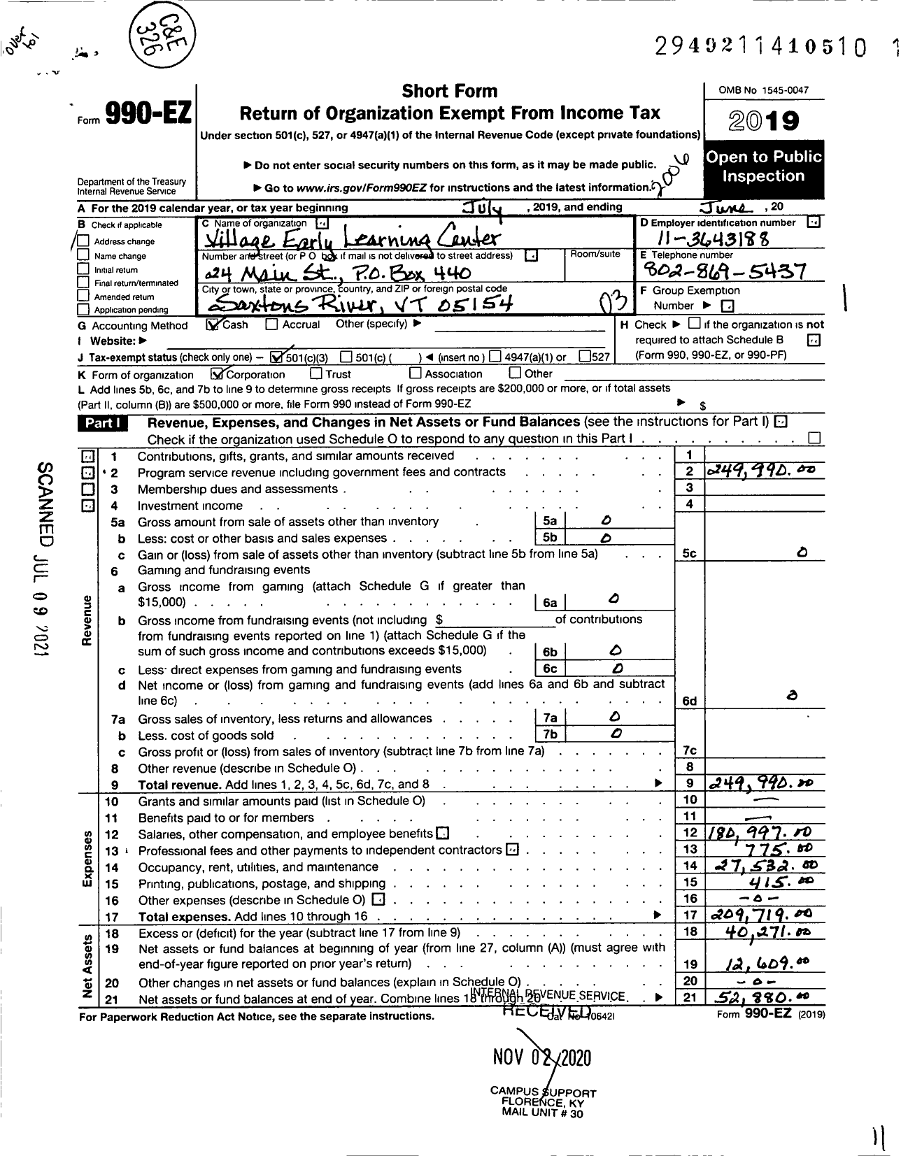 Image of first page of 2019 Form 990EZ for Village Early Learning Center