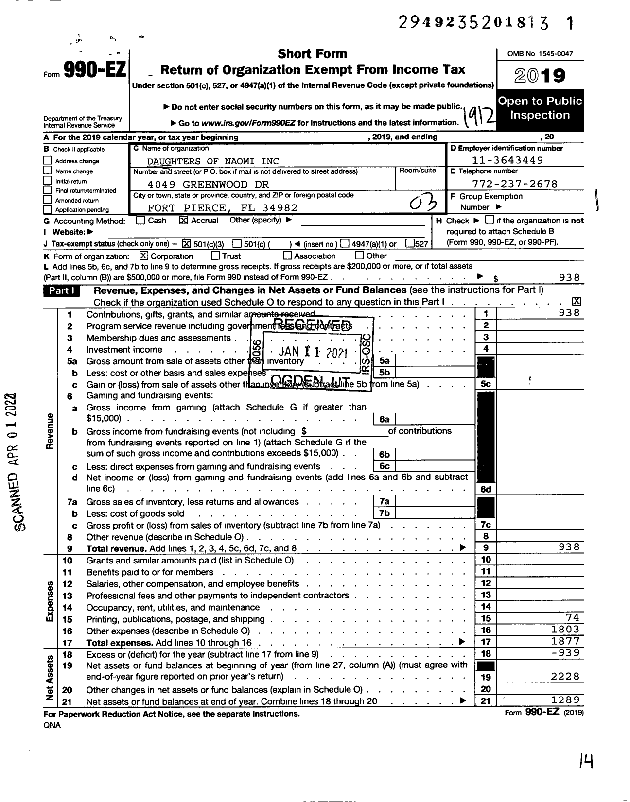 Image of first page of 2019 Form 990EZ for Daughters of Naomi