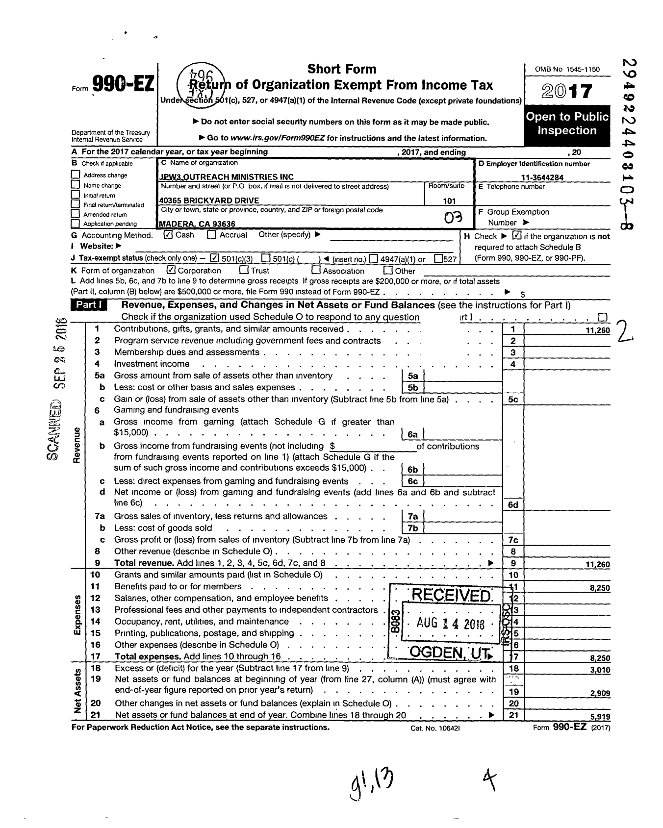 Image of first page of 2017 Form 990EZ for JPW3 Outreach Ministries