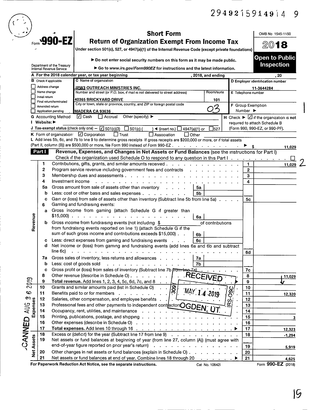 Image of first page of 2018 Form 990EZ for JPW3 Outreach Ministries