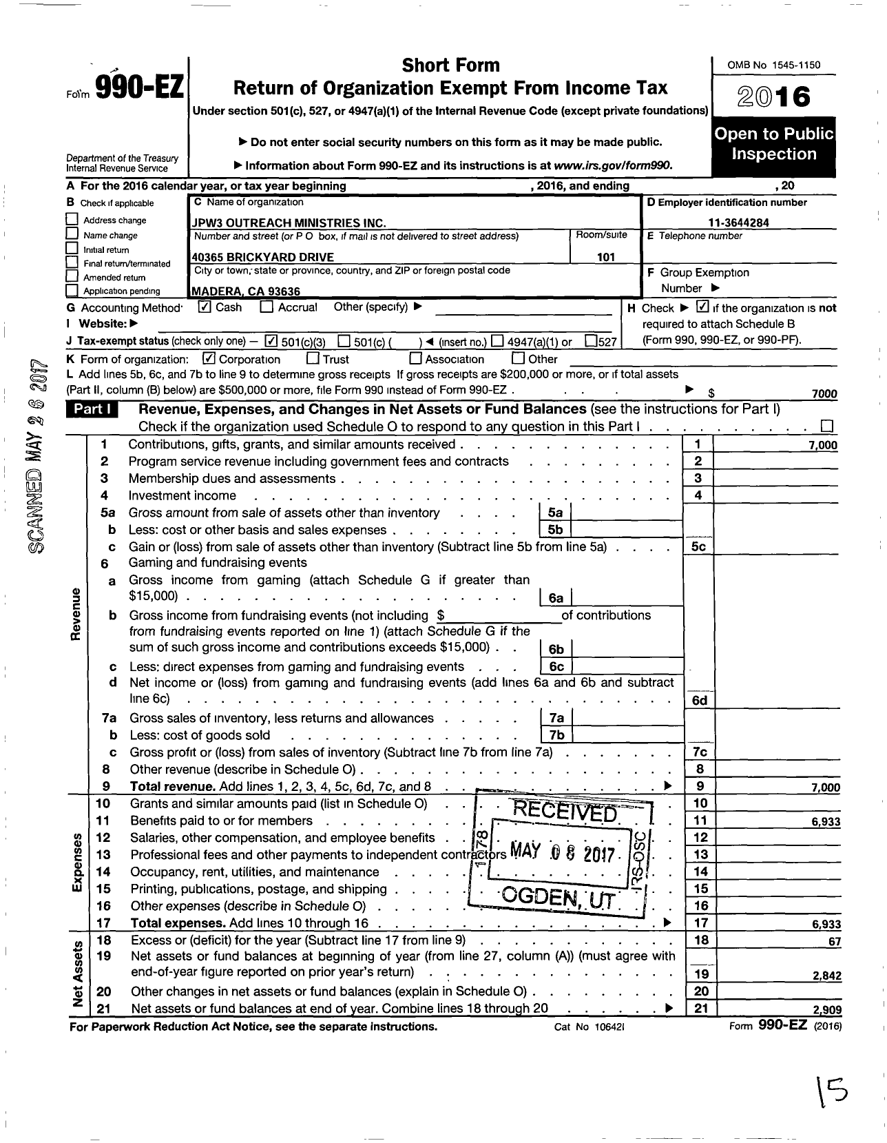 Image of first page of 2016 Form 990EZ for JPW3 Outreach Ministries