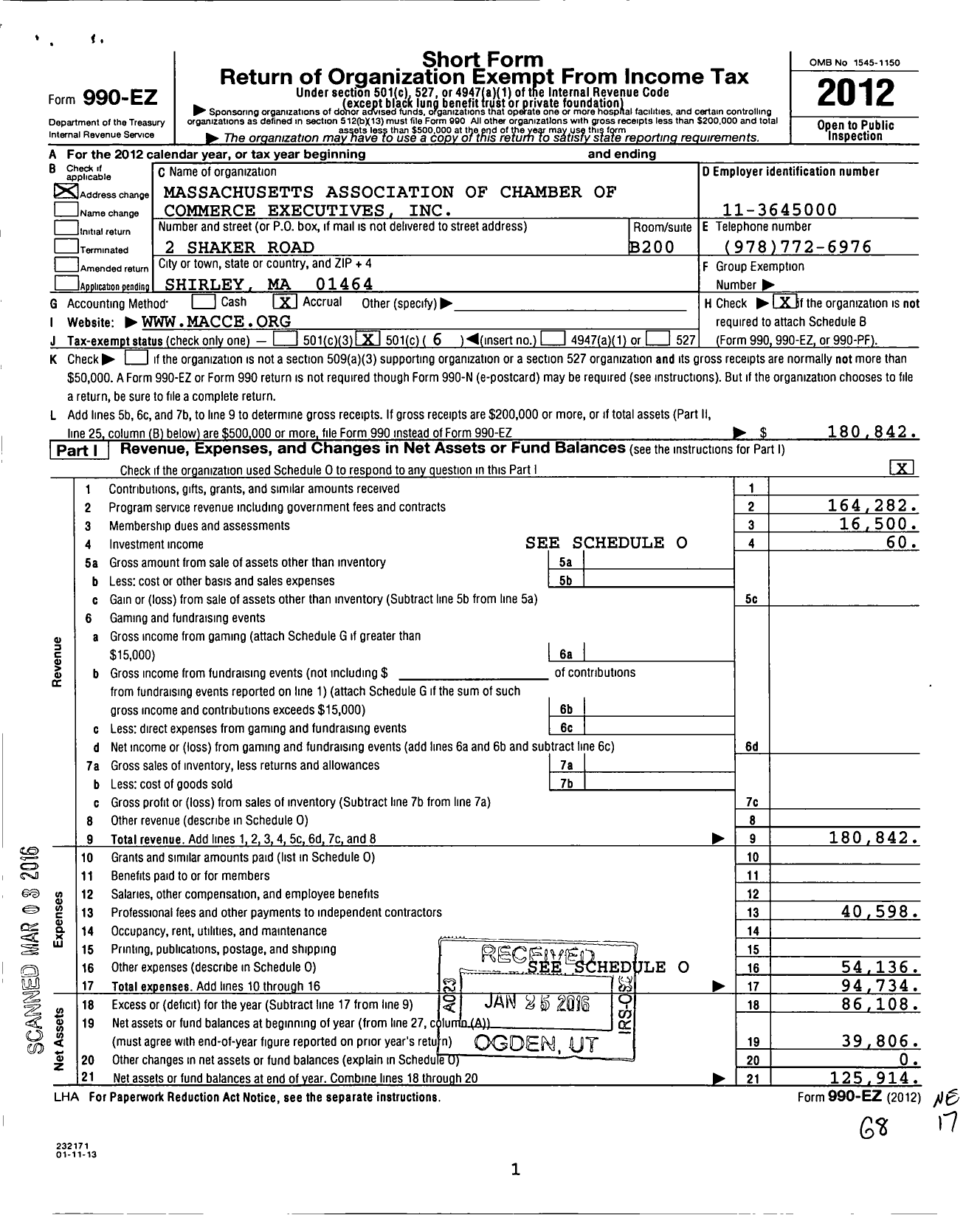 Image of first page of 2012 Form 990EO for Massachusetts Association of Chamber of Commerce Executives