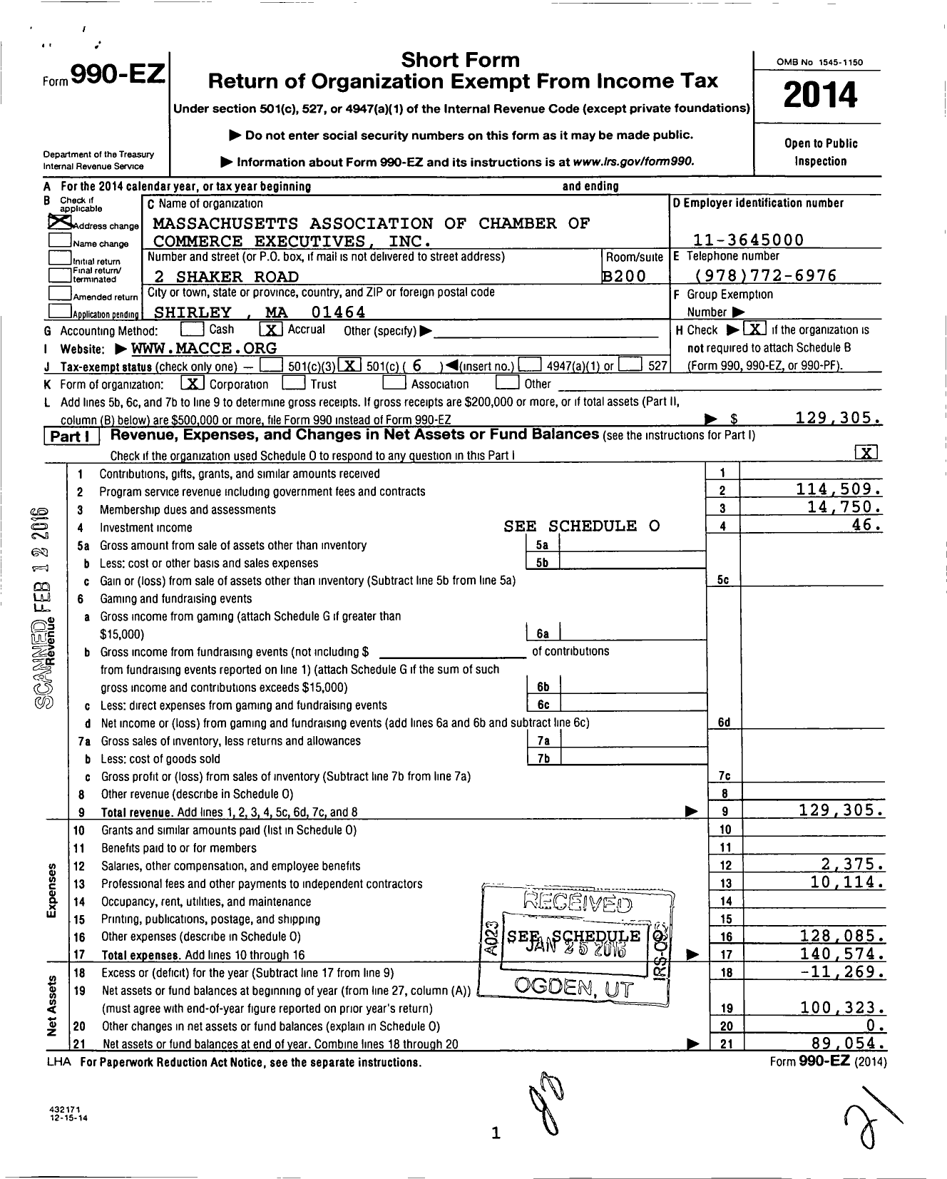 Image of first page of 2014 Form 990EO for Massachusetts Association of Chamber of Commerce Executives